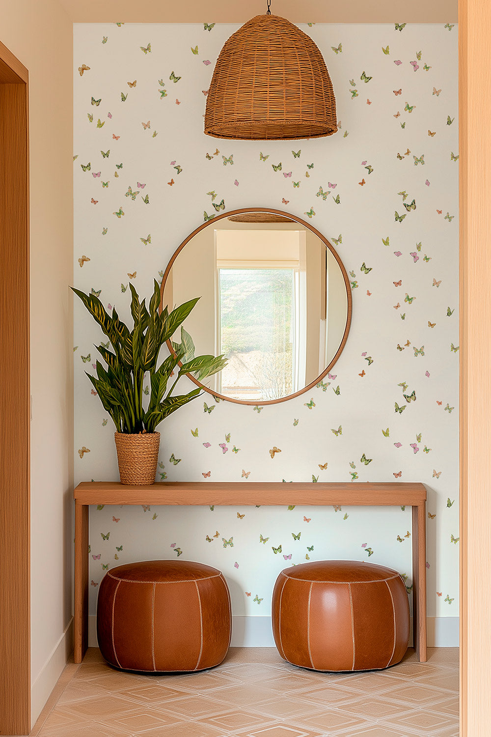 Butterfly Grove pastel on neutral cream garden inspired fluttering feminine butterfly wallpaper water and stain resistant performance vinyl wall-covering, great for high traffic entryways and mudrooms