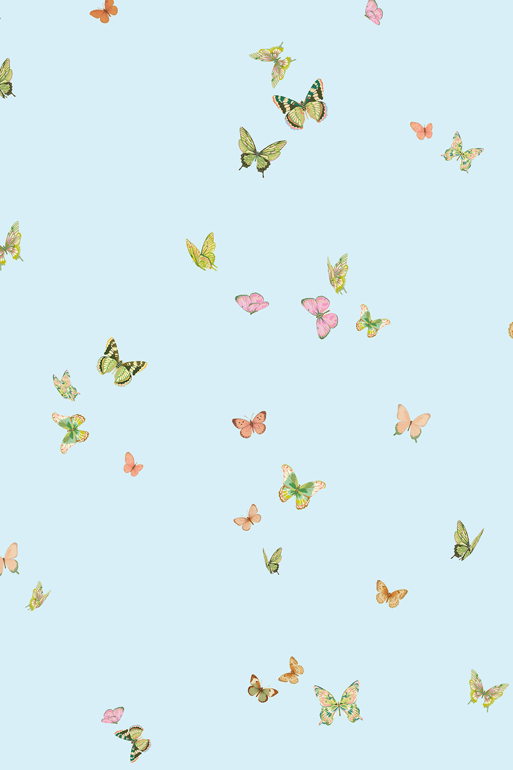 butterfly grove all-natural and eco-friendly grasscloth and basketweave wallpaper features watercolor-painted butterflies in soft blue with green, and neutral tones inspired by English garden skies