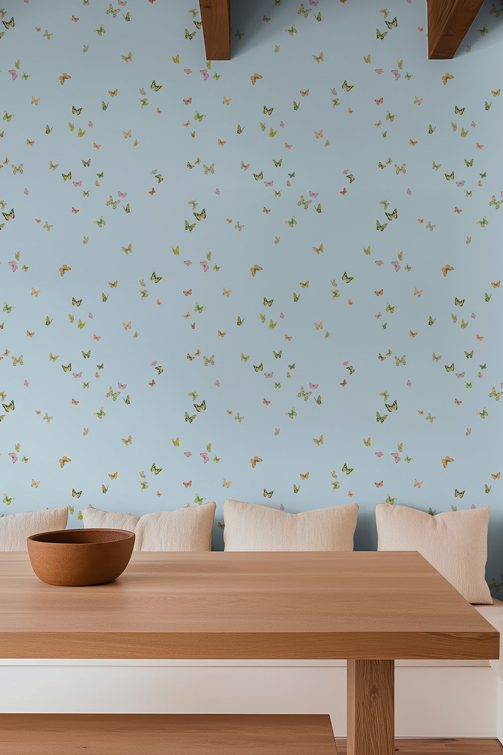 Butterfly Grove light blue garden inspired fluttering feminine butterfly wallpaper water and stain resistant performance vinyl wall-covering, great for bathrooms, kitchens and commercial spaces