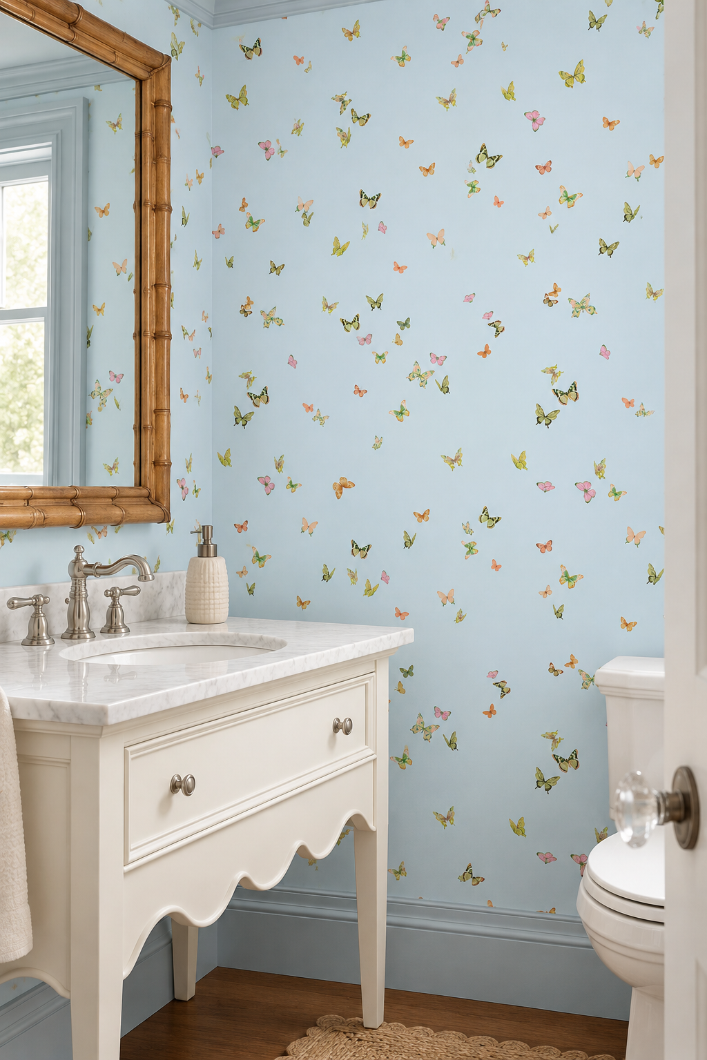 Butterfly Grove light blue garden inspired fluttering feminine butterfly wallpaper water and stain resistant performance vinyl wall-covering, great for bathrooms, kitchens and commercial spaces