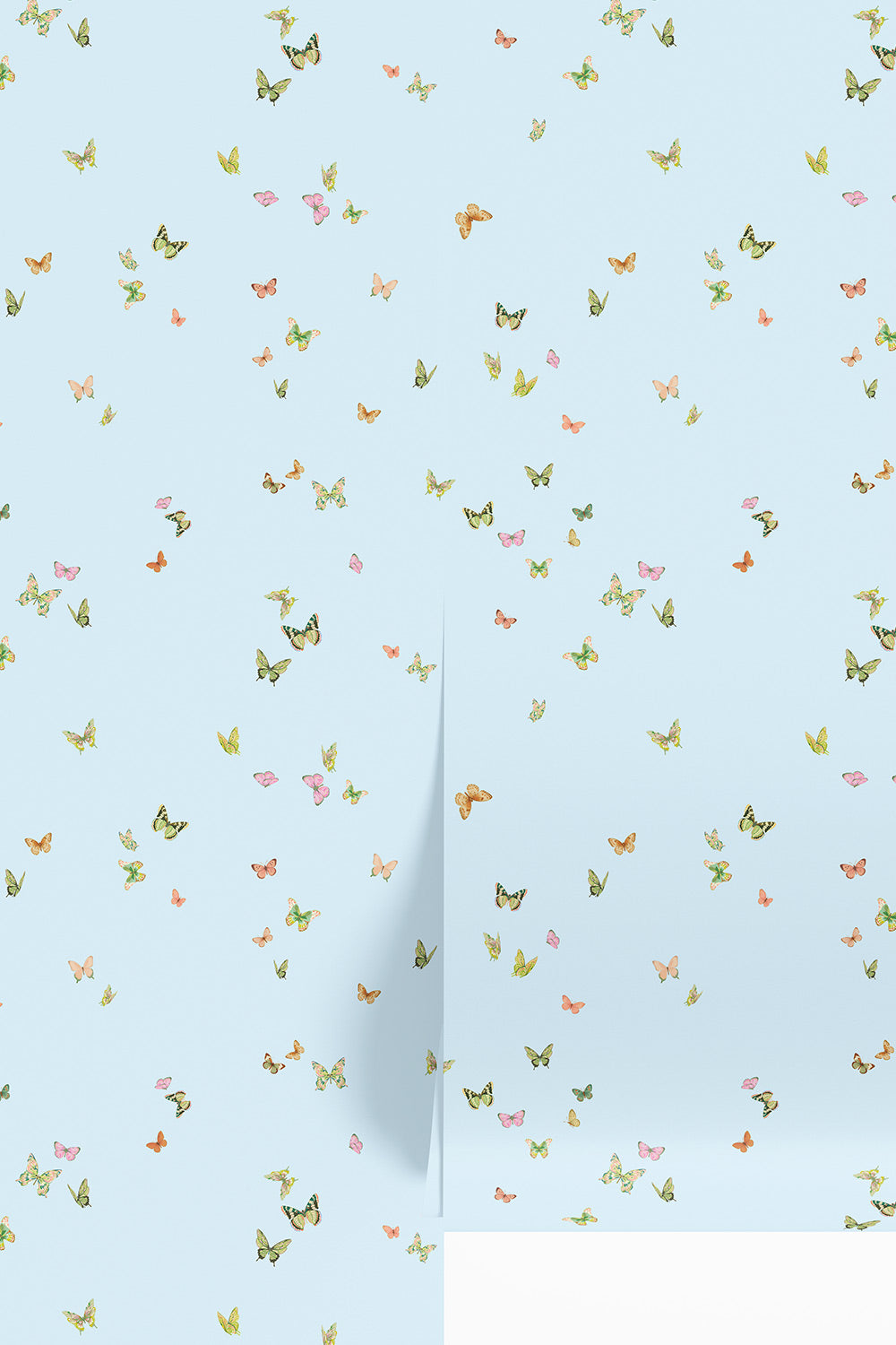 Butterfly Grove wallpaper featuring watercolor-painted butterflies on light sky blue with soft pink, green, and neutral tones inspired by English garden skies
