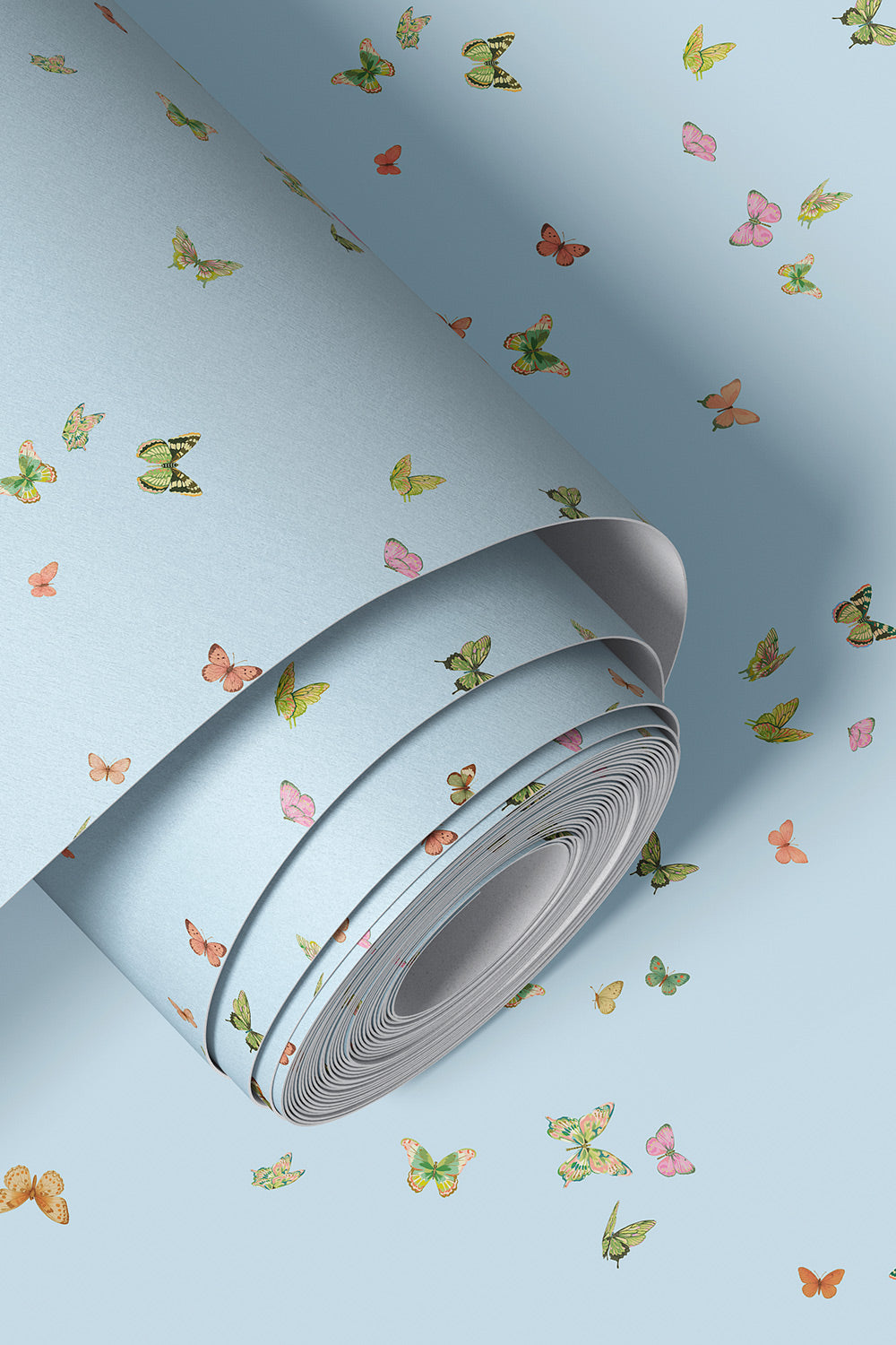 Butterfly Grove light blue garden inspired fluttering feminine butterfly wallpaper water and stain resistant performance vinyl wall-covering, great for bathrooms, kitchens and commercial spaces