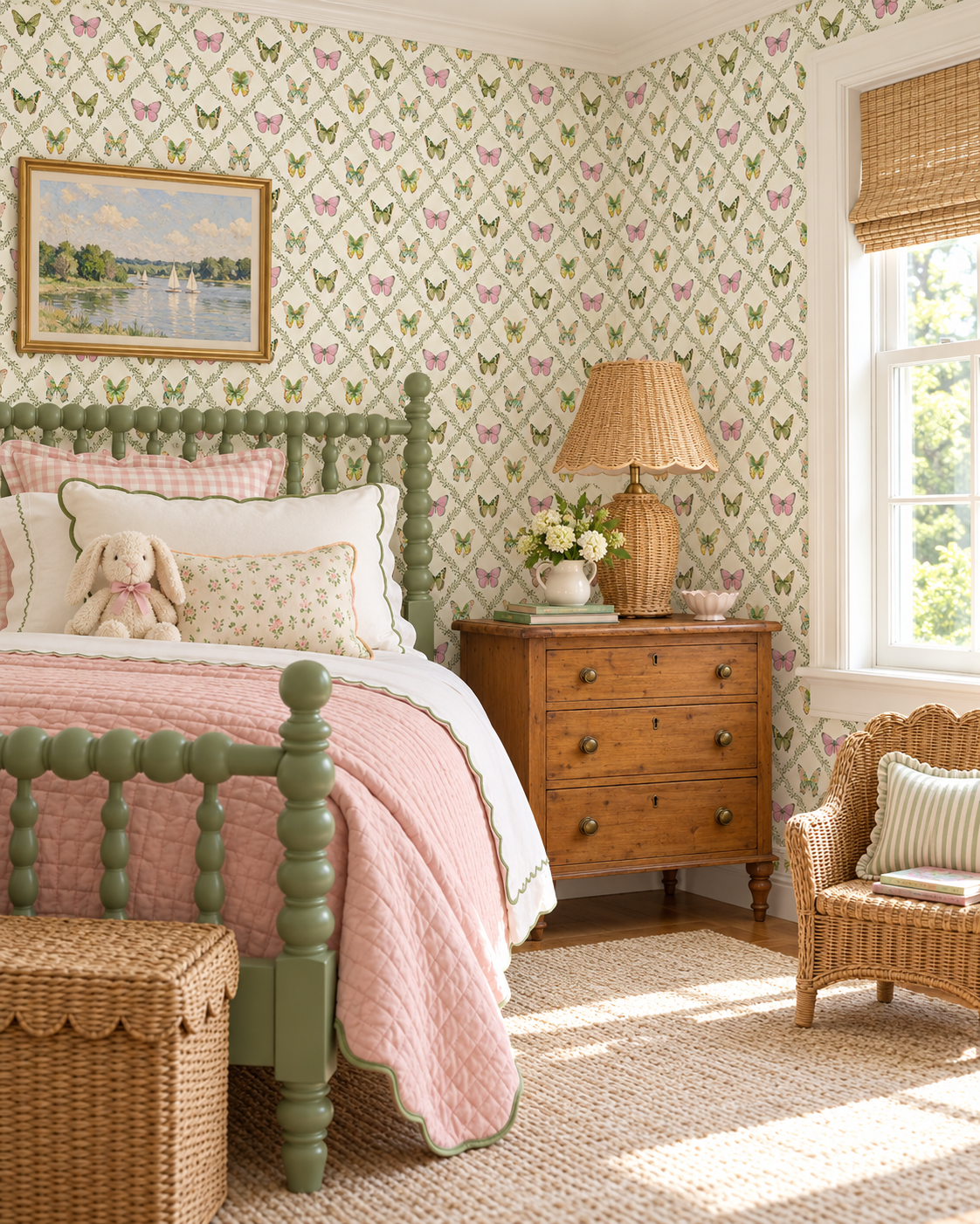Butterfly Trellis all-natural and eco-friendly grasscloth and basketweave wallpaper features hand-painted butterflies and leafy trellis details for a serene, garden-inspired space like this peaceful and nature inspired girl's bedroom