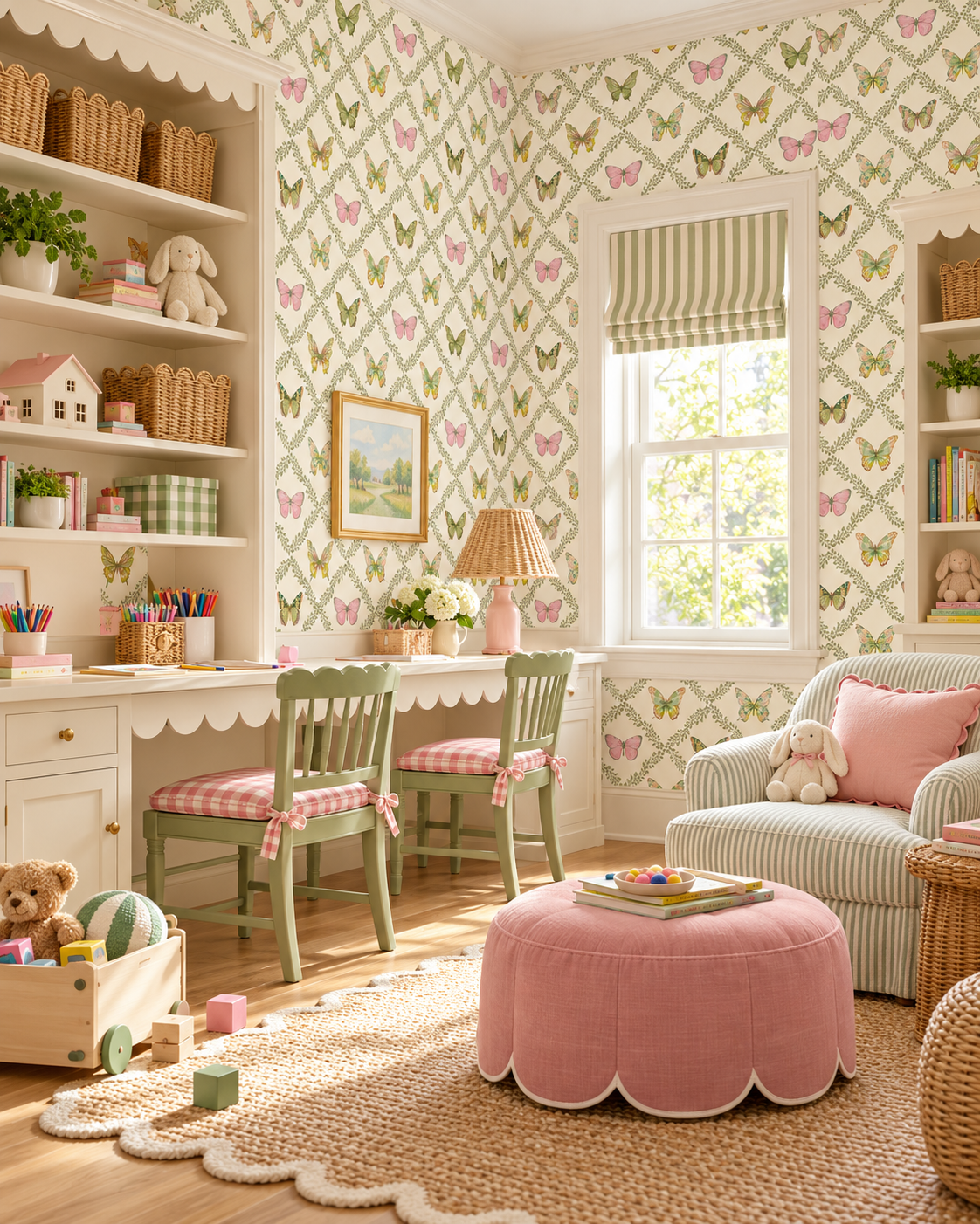 Butterfly Trellis wallpaper featuring hand-painted watercolor butterflies arranged in a leafy green trellis pattern inspired by English gardens perfect for kids playrooms and nurseries