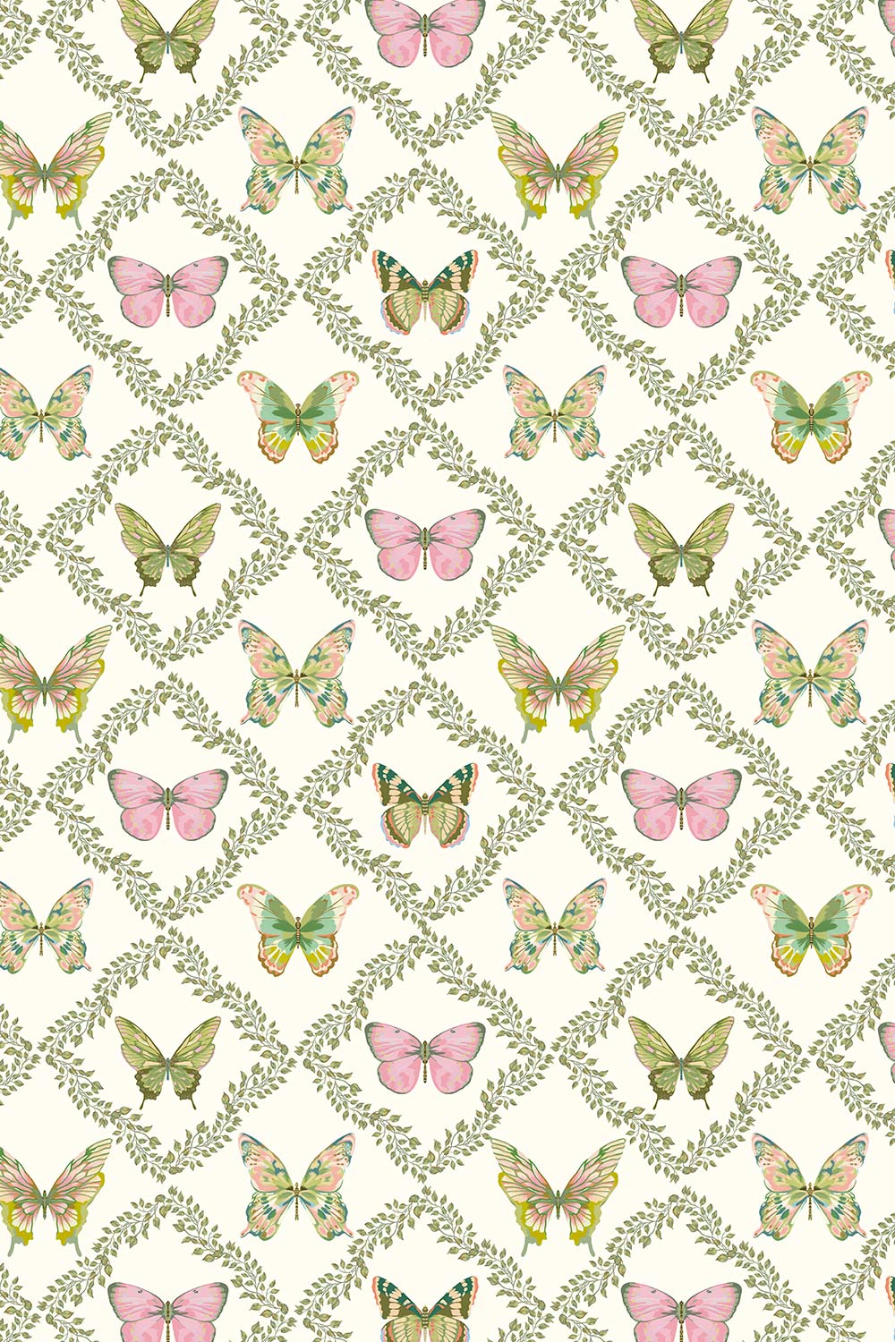 Butterfly Trellis all-natural and eco-friendly grasscloth and basketweave wallpaper features hand-painted butterflies and leafy trellis details for a serene, garden-inspired space.