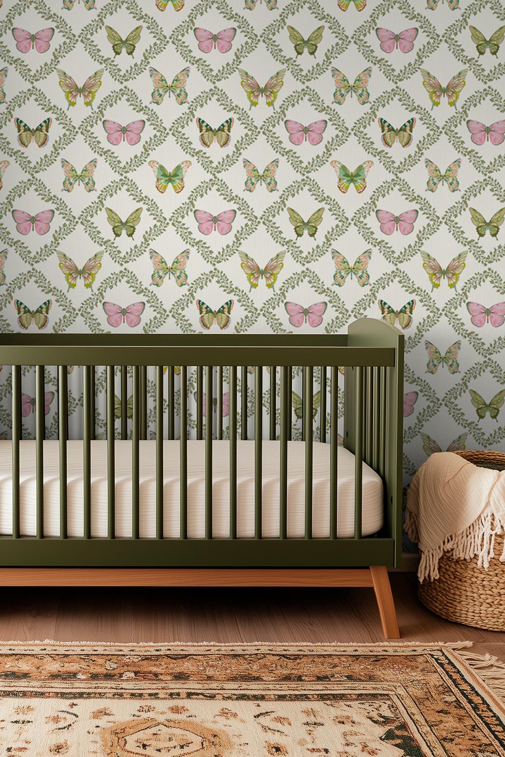 Butterfly Trellis all-natural and eco-friendly grasscloth and basketweave wallpaper features hand-painted butterflies and leafy trellis details for a serene, garden-inspired space like this peaceful and nature inspired nursery