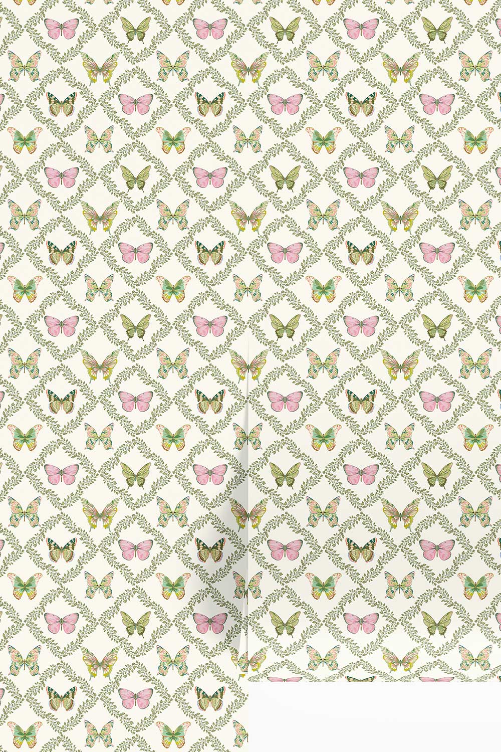 Butterfly Trellis wallpaper featuring hand-painted watercolor butterflies arranged in a leafy green trellis pattern inspired by English gardens
