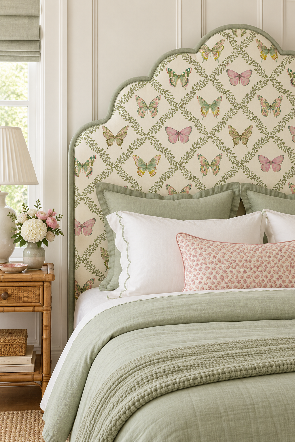 A styled bedroom scene showing a bed with a decorative upholstered headboard featuring a cream background and a green trellis pattern with pink, yellow, and blue butterflies. The bedding is sage green and white, styled with matching pillows and a pink patterned accent pillow.