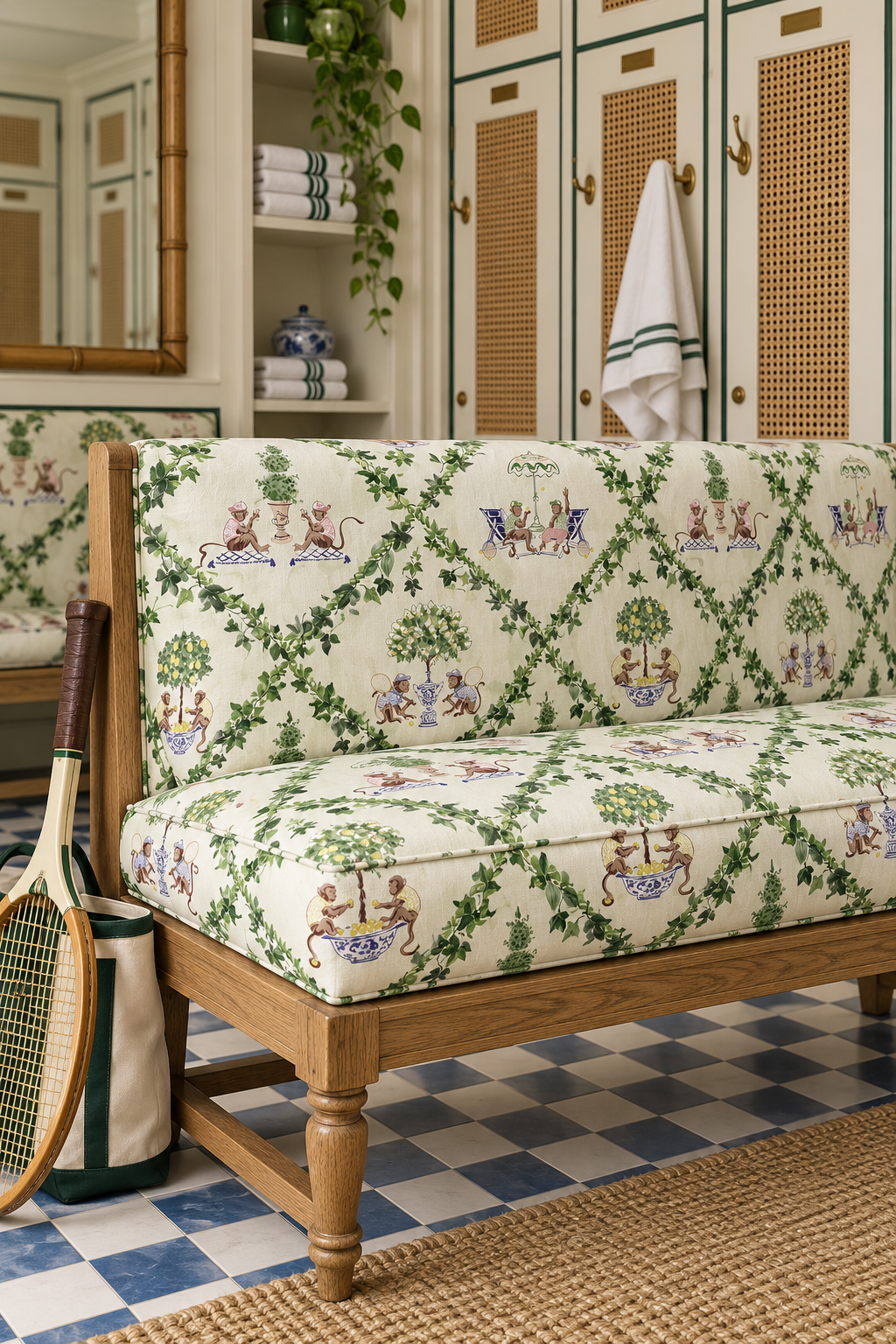 Playful chinoiserie upholstery fabric featuring a botanical trellis with ginger jar motifs and whimsical tennis club scenes woven throughout featured as the custom bench upholstery in this tennis club