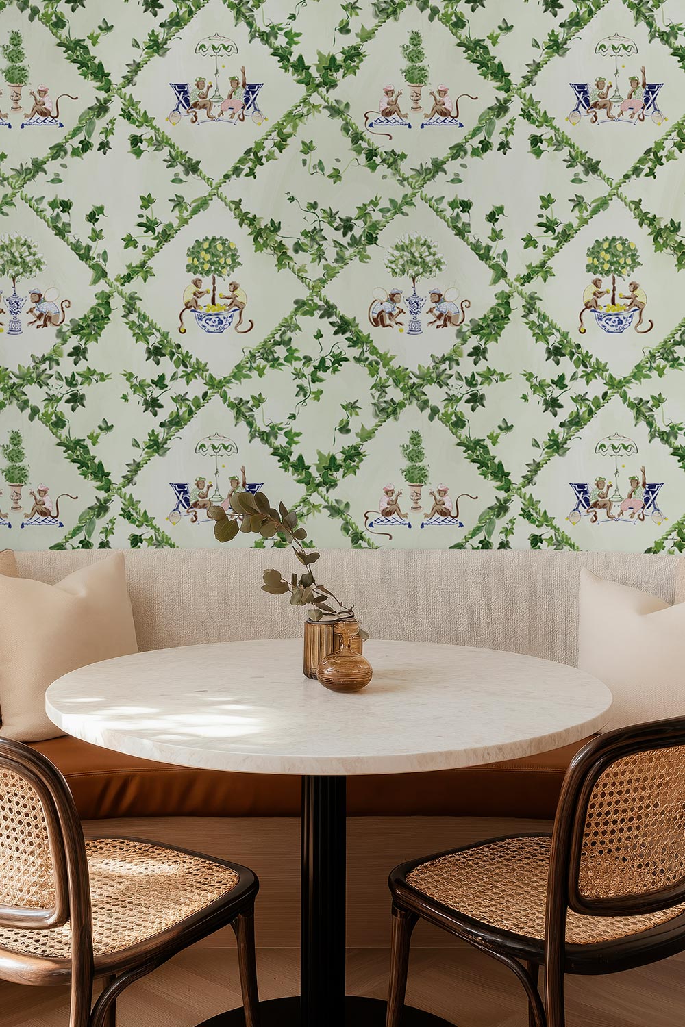 Commercial-grade vinyl wallpaper with whimsical monkey tennis scenes and a chinoiserie trellis, ideal for tennis clubs, lounges, locker rooms, and high-traffic designer spaces.