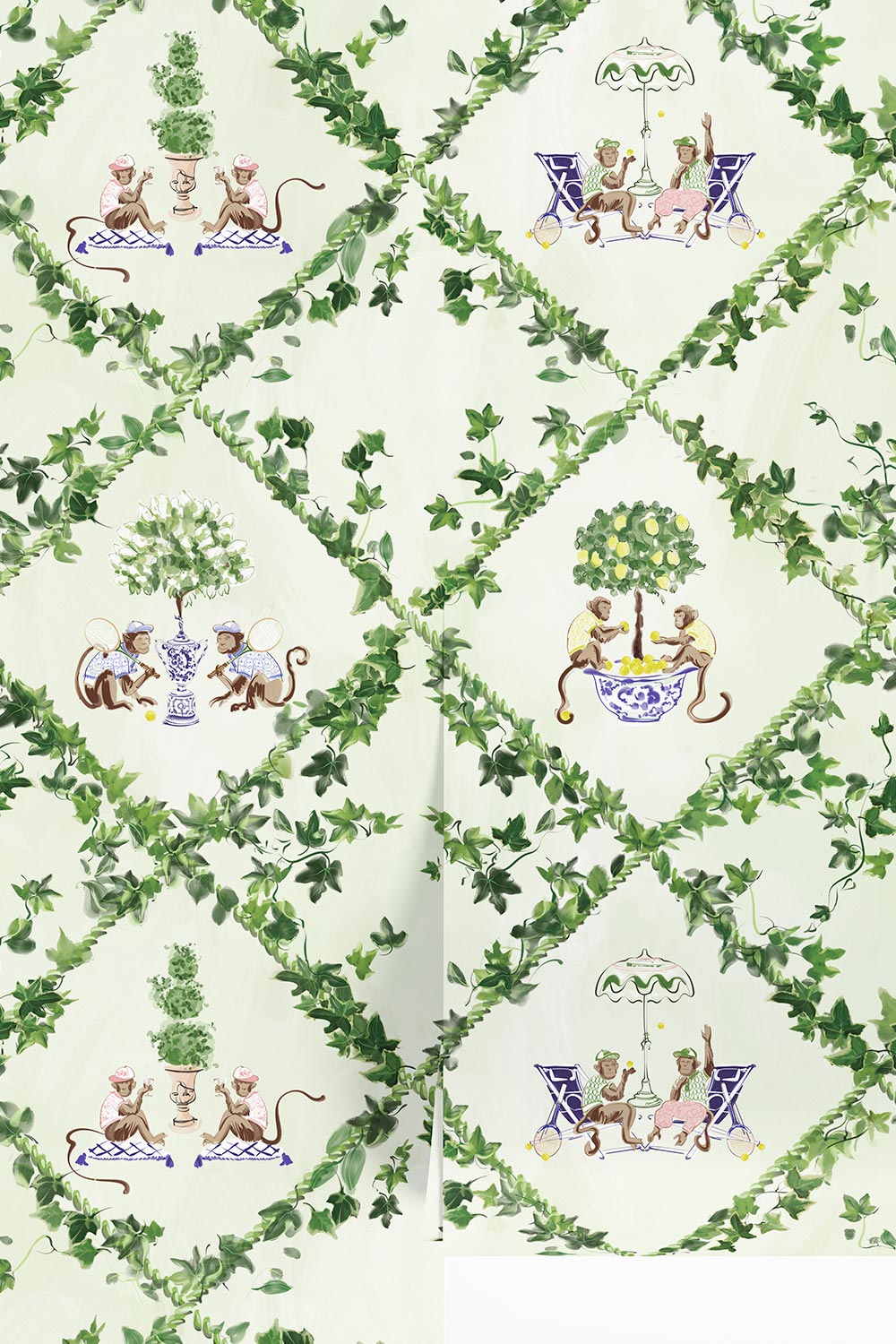 tennis wallpaper, country club chinoiserie wallpaper, tennis club decor ideas, botanical trellis wallpaper, whimsical chinoiserie wallcovering, racquet club wallpaper, designer tennis room wallpaper, monkey tennis wallpaper