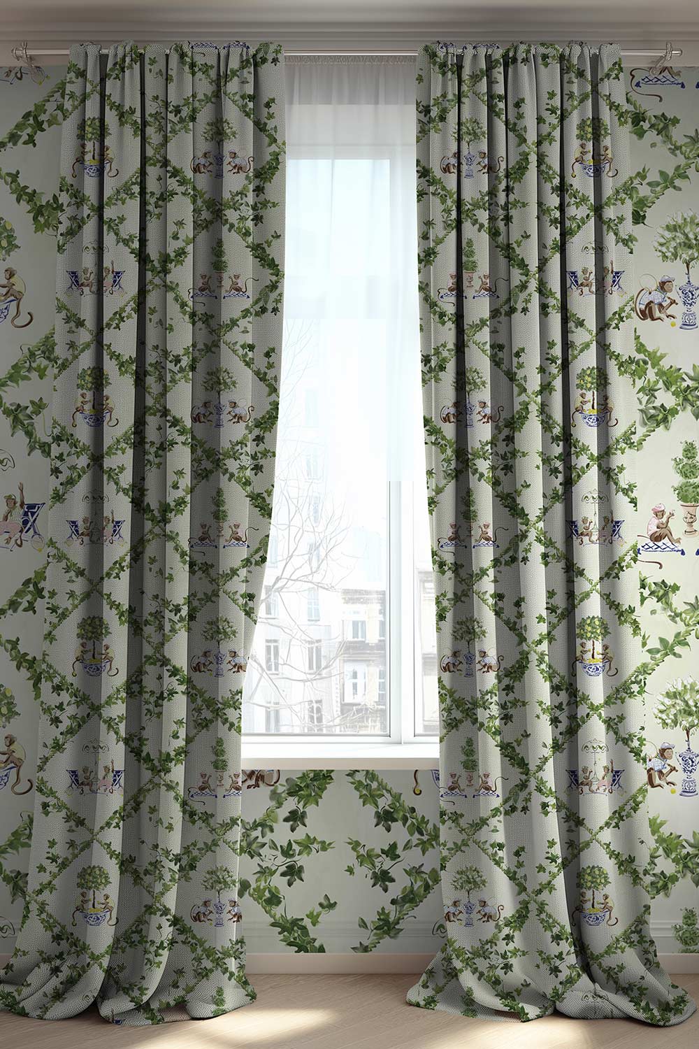 Playful chinoiserie upholstery fabric featuring a botanical trellis with ginger jar motifs and whimsical tennis club scenes woven throughout.