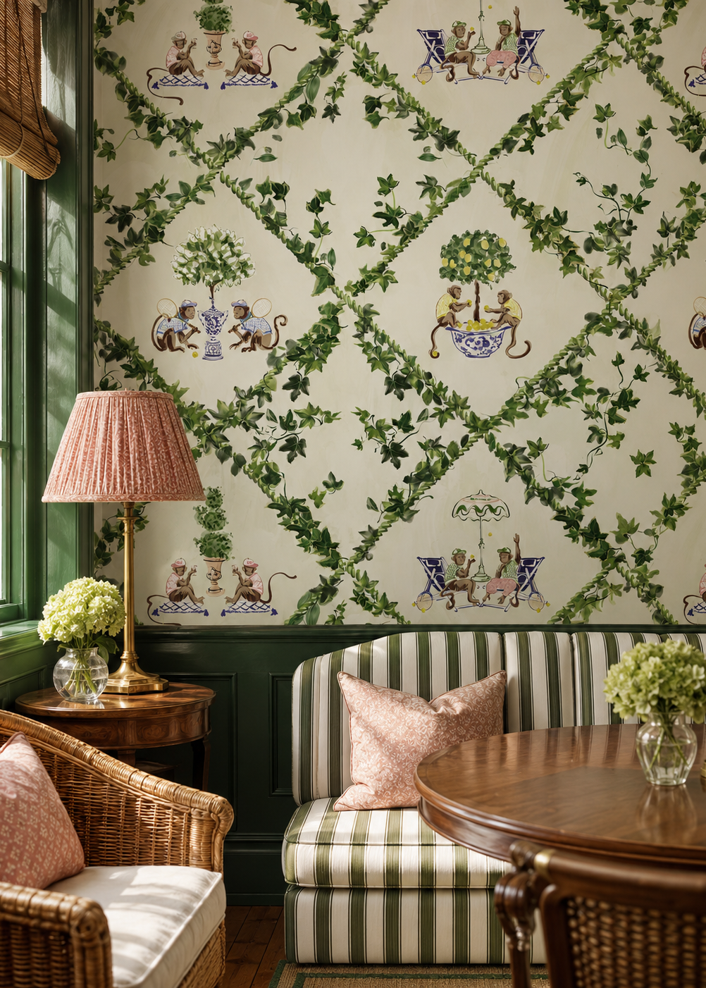 Chinoiserie-style wallpaper featuring hand-painted tennis-playing monkey scenes set within botanical trellis diamonds; ideal for country clubs, tennis spaces, and designer homes.