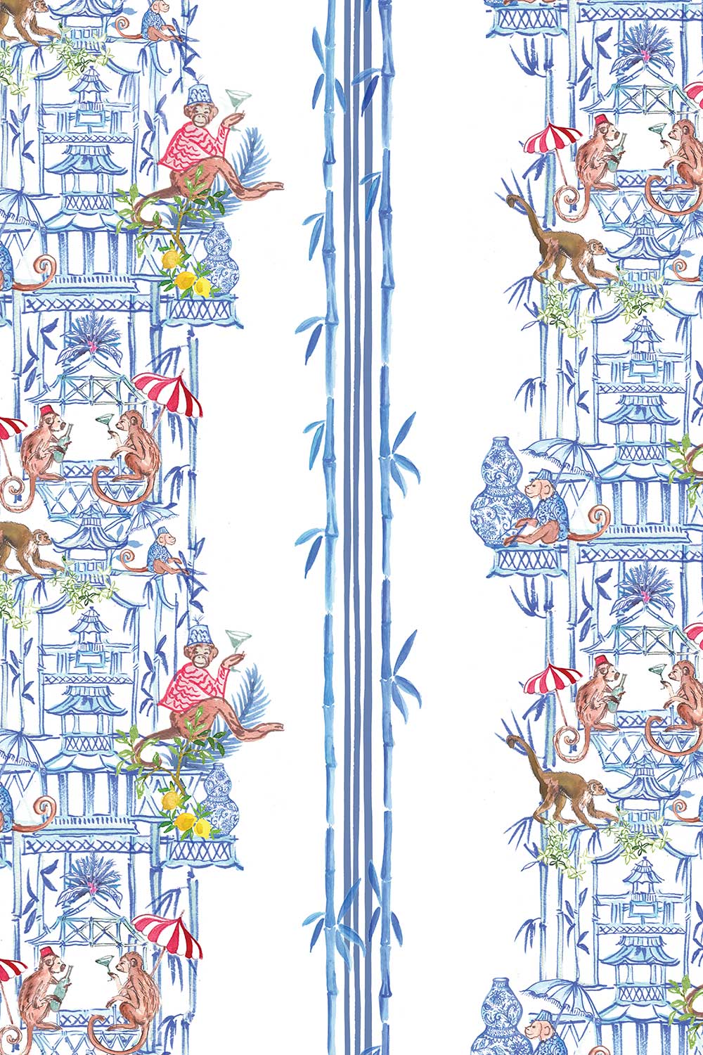 grasscloth chinoiserie wallpaper, monkey toile grasscloth, bamboo stripe wallcovering, eco friendly chinoiserie wallpaper, pagoda wallpaper grasscloth, whimsical toile wallcovering, hand painted grasscloth wallpaper, natural woven wallpaper
