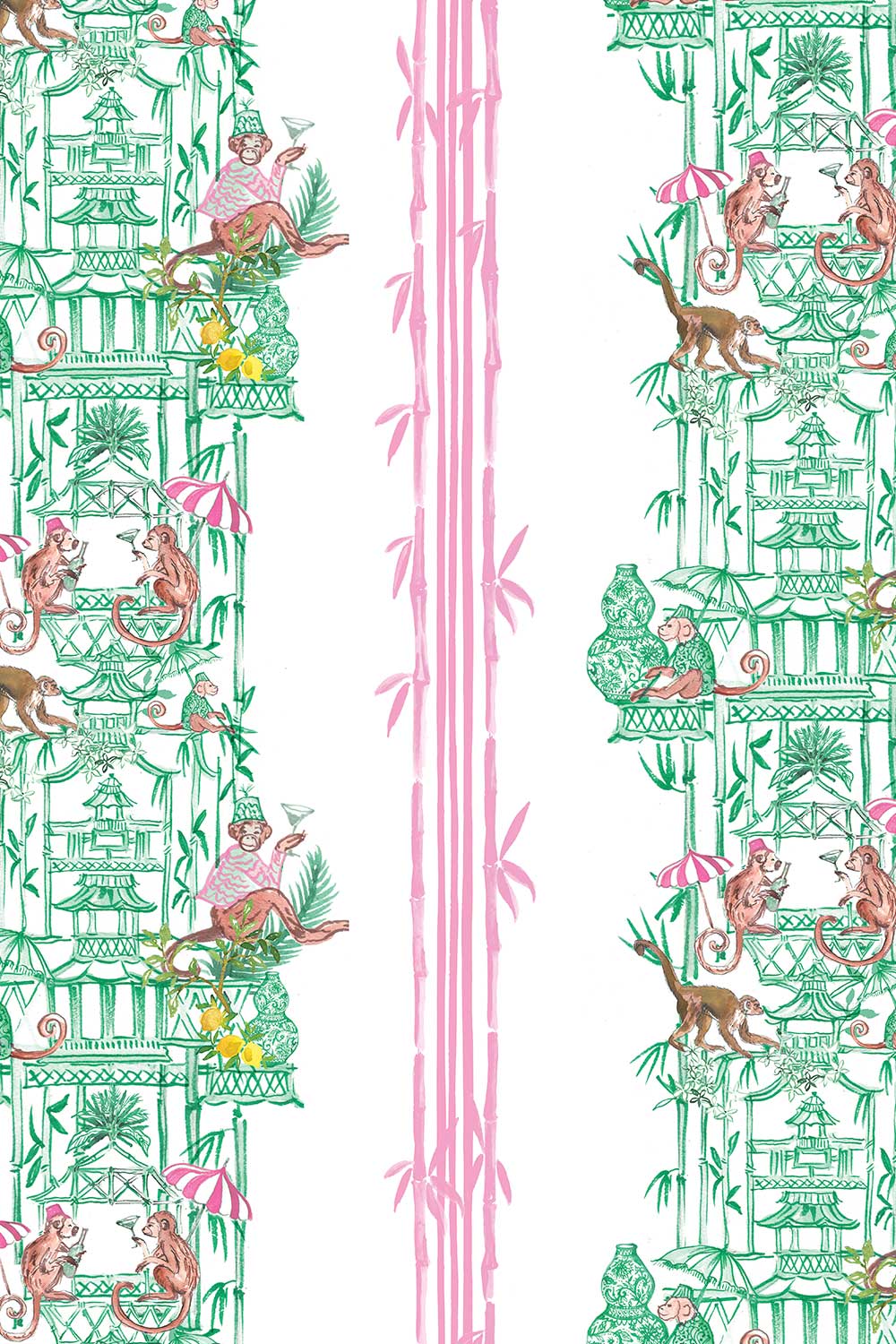 grasscloth chinoiserie wallpaper, monkey toile grasscloth, bamboo stripe wallcovering, eco friendly chinoiserie wallpaper, pagoda wallpaper grasscloth, whimsical toile wallcovering, hand painted grasscloth wallpaper, natural woven wallpaper