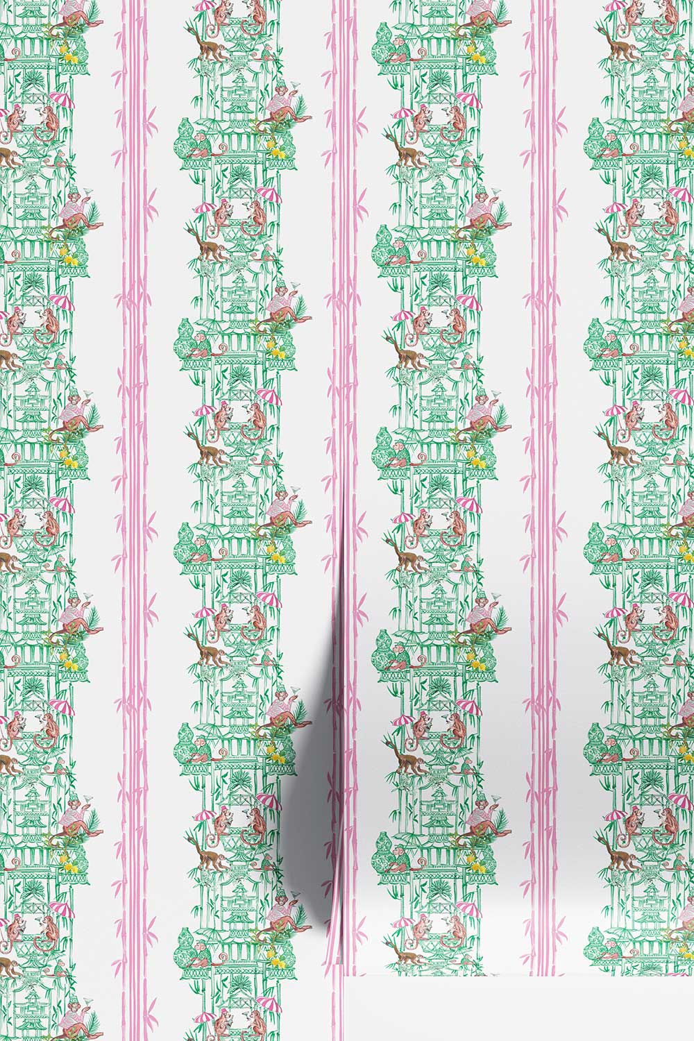 chinoiserie toile wallpaper, monkey pagoda wallpaper, whimsical chinoiserie wallcovering, bamboo stripe wallpaper, chintz inspired wallpaper, playful toile pattern, hand painted pagoda wallpaper, botanical chinoiserie wallpaper
