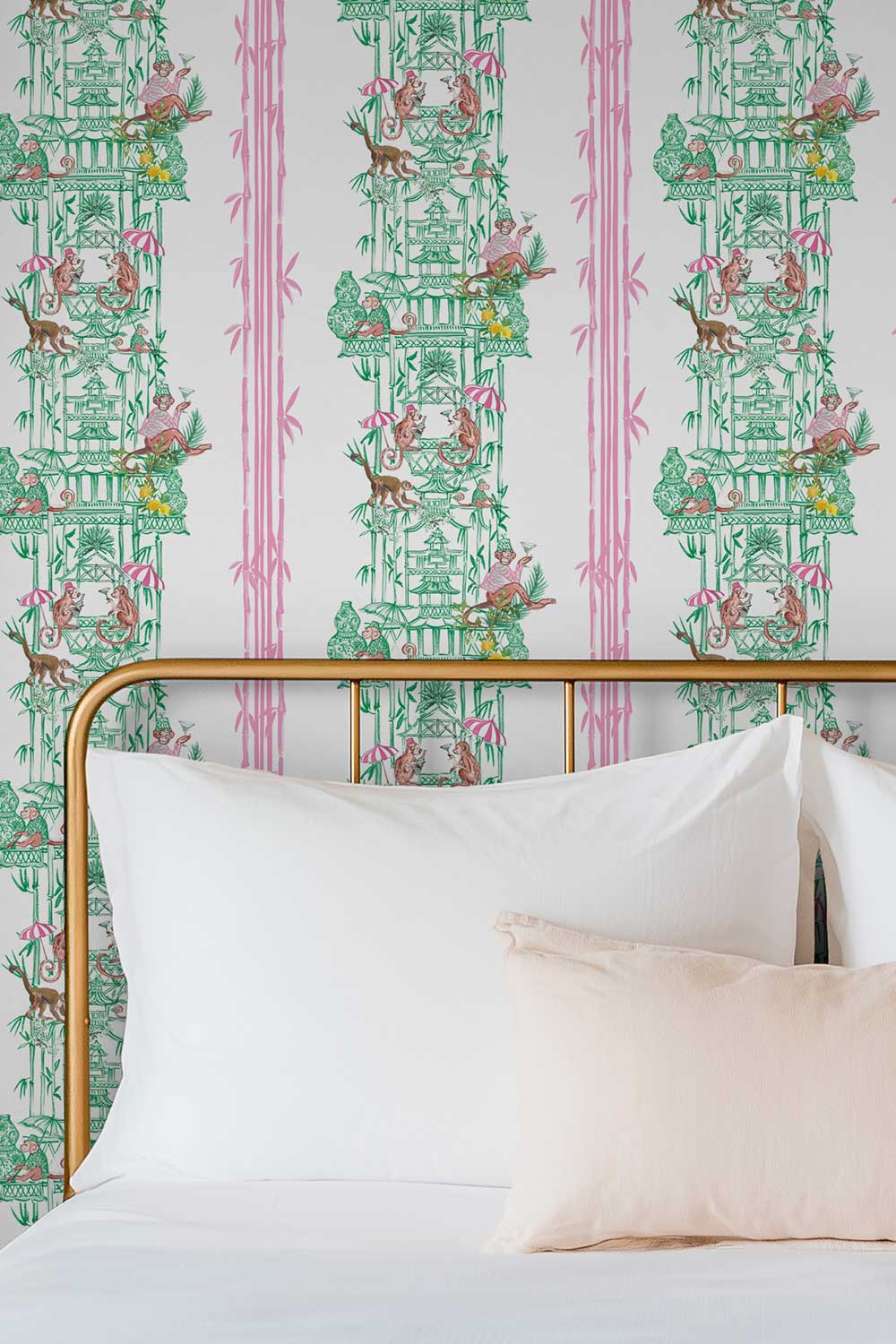 chinoiserie toile wallpaper, monkey pagoda wallpaper, whimsical chinoiserie wallcovering, bamboo stripe wallpaper, chintz inspired wallpaper, playful toile pattern, hand painted pagoda wallpaper, botanical chinoiserie wallpaper