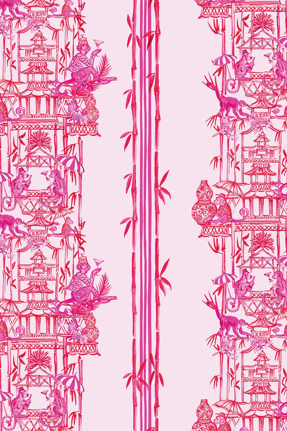 grasscloth chinoiserie wallpaper, monkey toile grasscloth, bamboo stripe wallcovering, eco friendly chinoiserie wallpaper, pagoda wallpaper grasscloth, whimsical toile wallcovering, hand painted grasscloth wallpaper, natural woven wallpaper