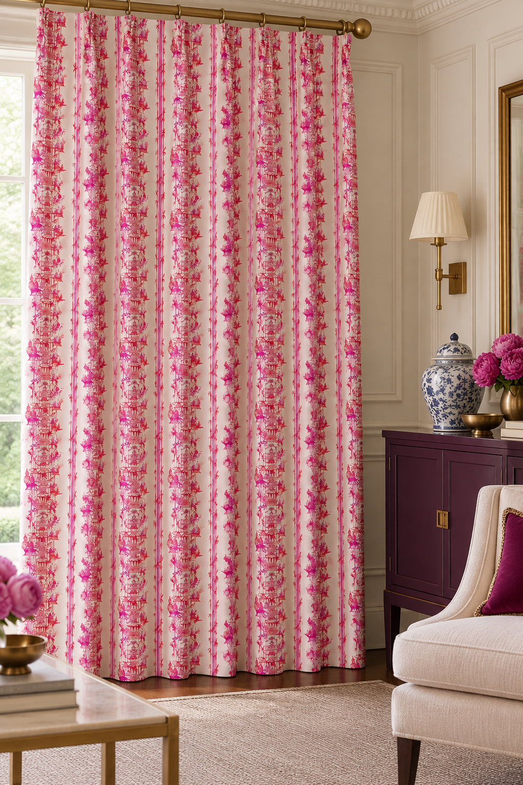 Whimsical chinoiserie toile upholstery fabric featuring pagodas, bamboo details, and monkeys partying in a hand-painted striped layout featured in this lux living room as the custom curtains and drapery