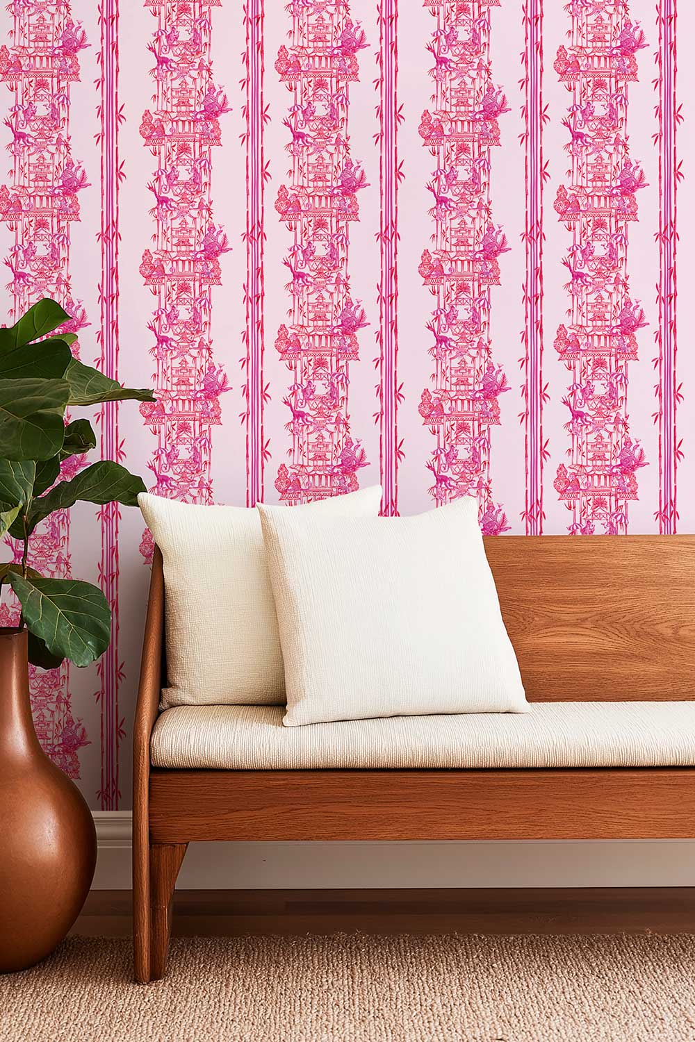 Hand-painted chinoiserie toile wallpaper on natural grasscloth featuring monkeys, pagodas, bamboo stripes, and whimsical party scenes in multiple colorways.