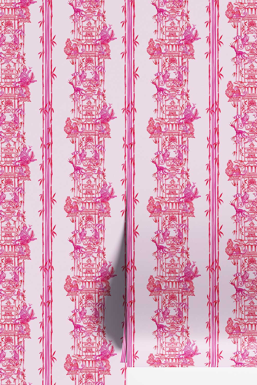 chinoiserie toile wallpaper, monkey pagoda wallpaper, whimsical chinoiserie wallcovering, bamboo stripe wallpaper, chintz inspired wallpaper, playful toile pattern, hand painted pagoda wallpaper, botanical chinoiserie wallpaper