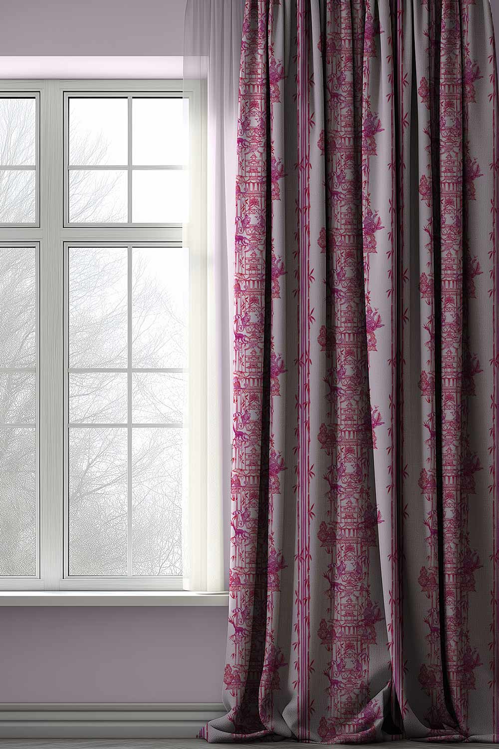 Whimsical chinoiserie toile upholstery fabric featuring pagodas, bamboo details, and monkeys partying in a hand-painted striped layout.