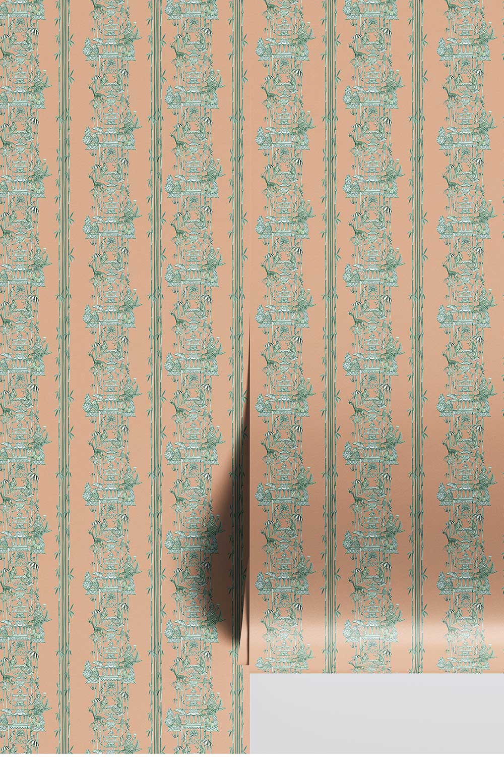 chinoiserie toile wallpaper, monkey pagoda wallpaper, whimsical chinoiserie wallcovering, bamboo stripe wallpaper, chintz inspired wallpaper, playful toile pattern, hand painted pagoda wallpaper, botanical chinoiserie wallpaper