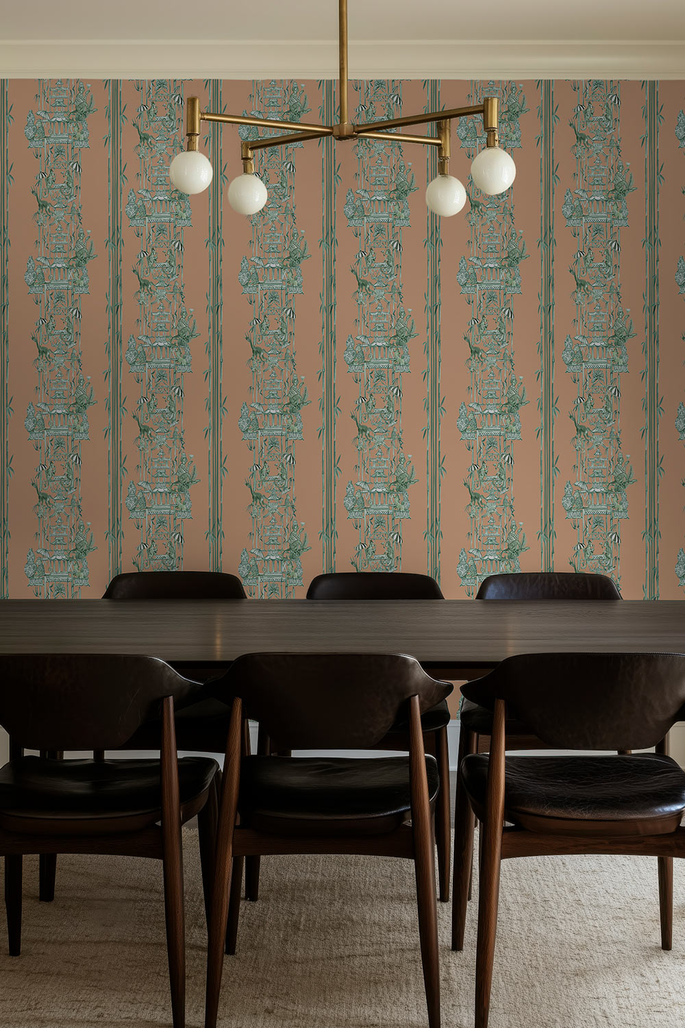 chinoiserie toile wallpaper, monkey pagoda wallpaper, whimsical chinoiserie wallcovering, bamboo stripe wallpaper, chintz inspired wallpaper, playful toile pattern, hand painted pagoda wallpaper, botanical chinoiserie wallpaper