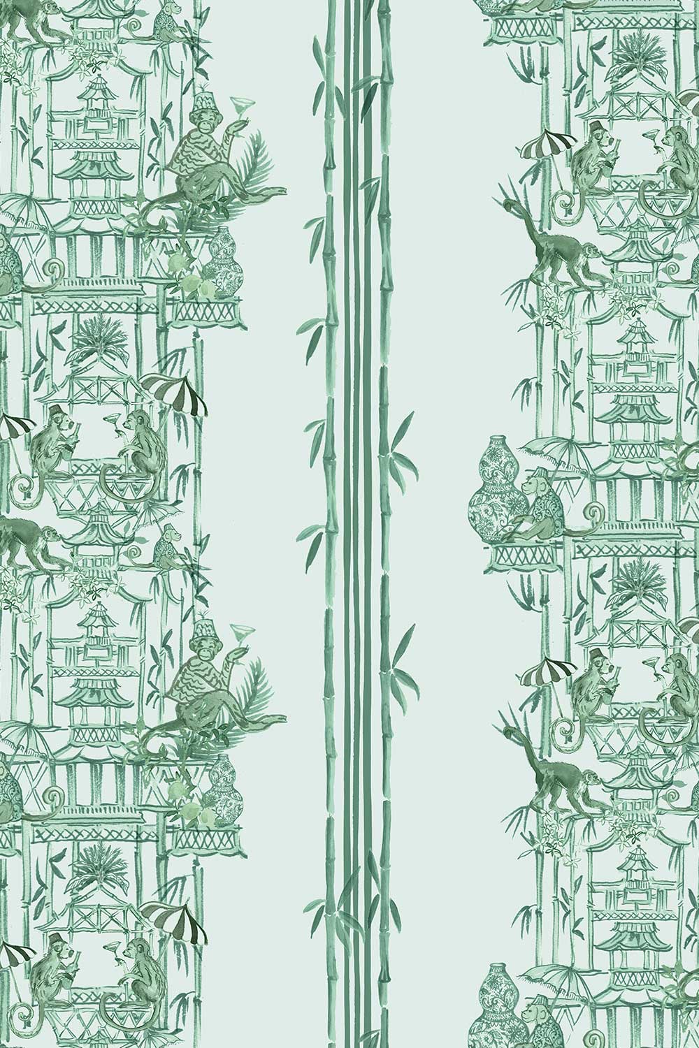 Hand-painted chinoiserie toile wallpaper on natural grasscloth featuring monkeys, pagodas, bamboo stripes, and whimsical party scenes in jade green