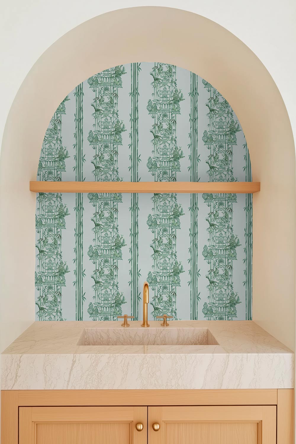 chinoiserie toile wallpaper, monkey pagoda wallpaper, whimsical chinoiserie wallcovering, bamboo stripe wallpaper, chintz inspired wallpaper, playful toile pattern, hand painted pagoda wallpaper, botanical chinoiserie wallpaper