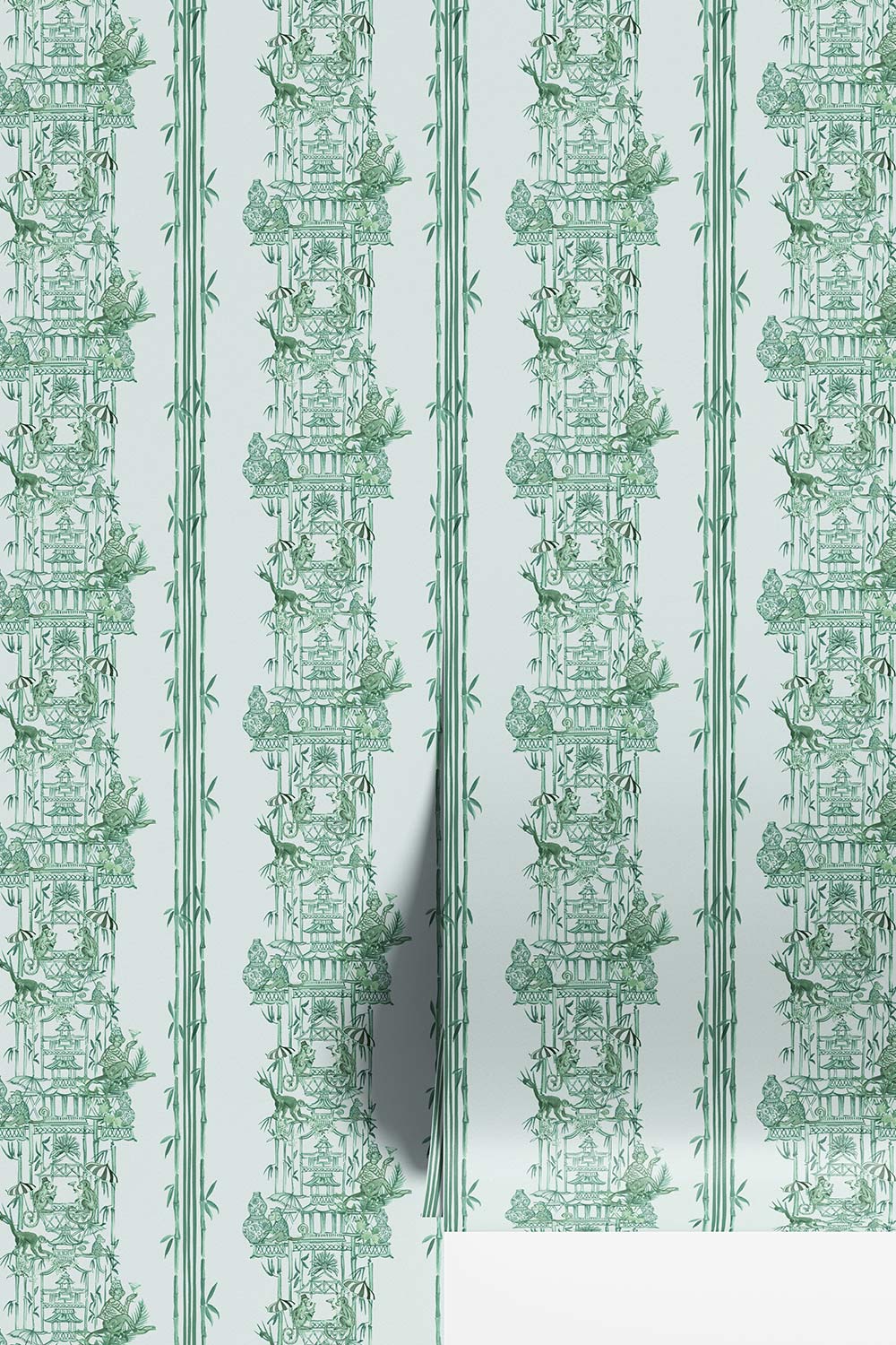 chinoiserie toile wallpaper, monkey pagoda wallpaper, whimsical chinoiserie wallcovering, bamboo stripe wallpaper, chintz inspired wallpaper, playful toile pattern, hand painted pagoda wallpaper, botanical chinoiserie wallpaper