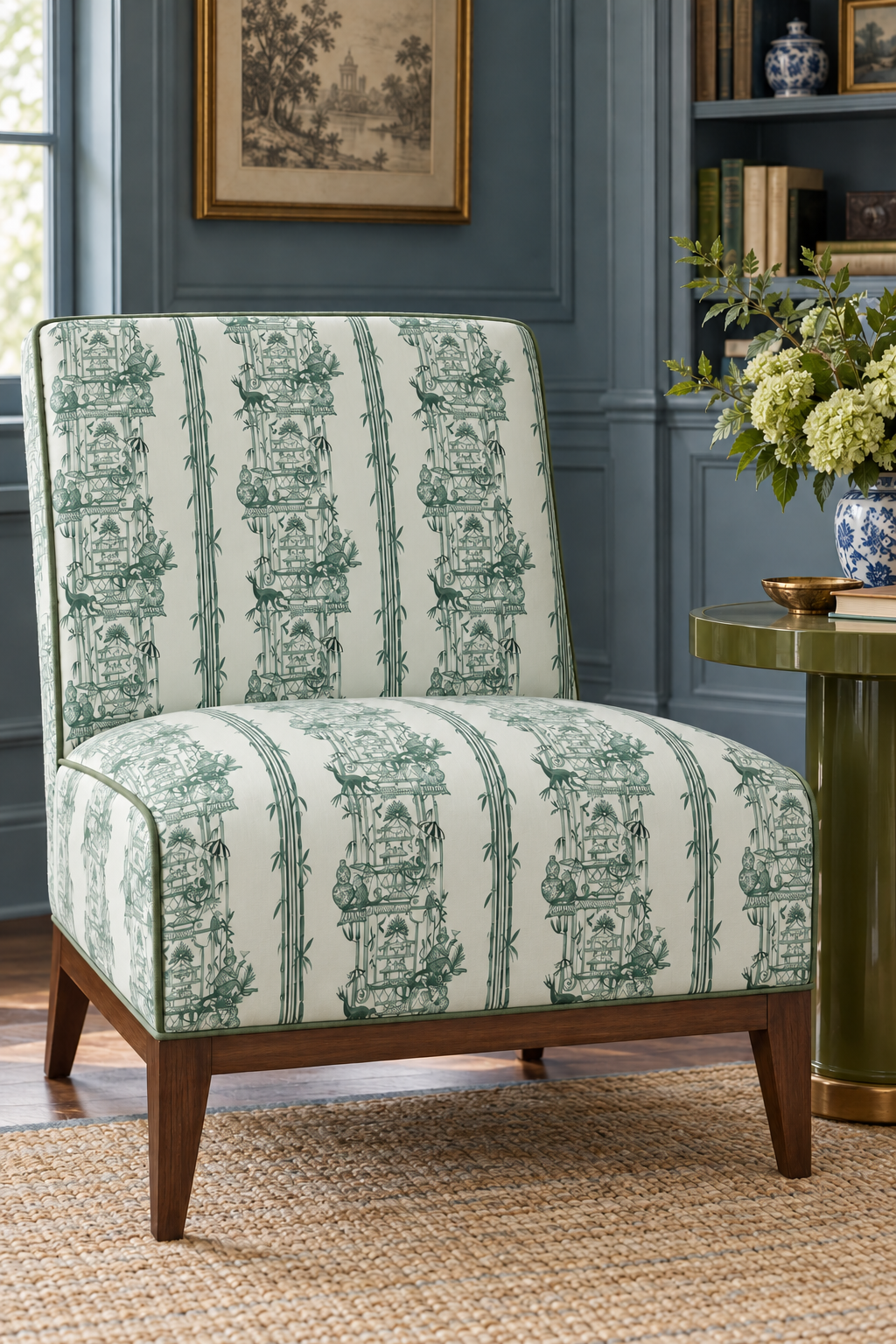 Whimsical chinoiserie toile upholstery fabric featuring pagodas, bamboo details, and monkeys partying in a hand-painted striped layout featured as the fabric upholstery in this high end traditional house slipper chair