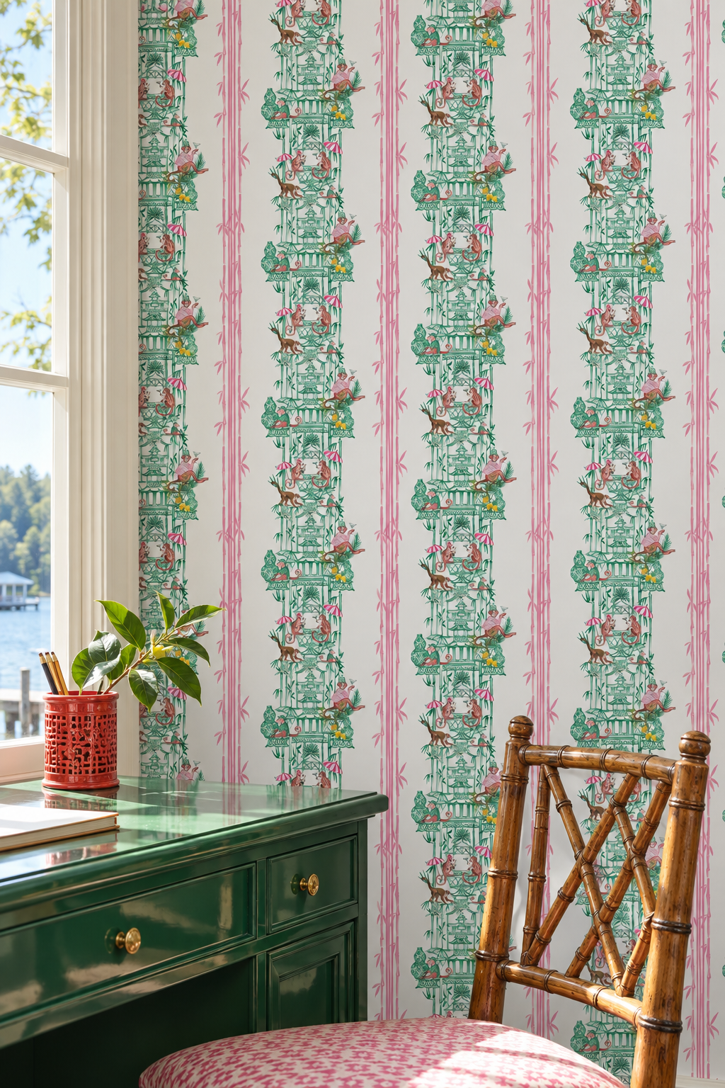 grasscloth chinoiserie wallpaper, monkey toile grasscloth, bamboo stripe wallcovering, eco friendly chinoiserie wallpaper, pagoda wallpaper grasscloth, whimsical toile wallcovering, hand painted grasscloth wallpaper, natural woven wallpaper