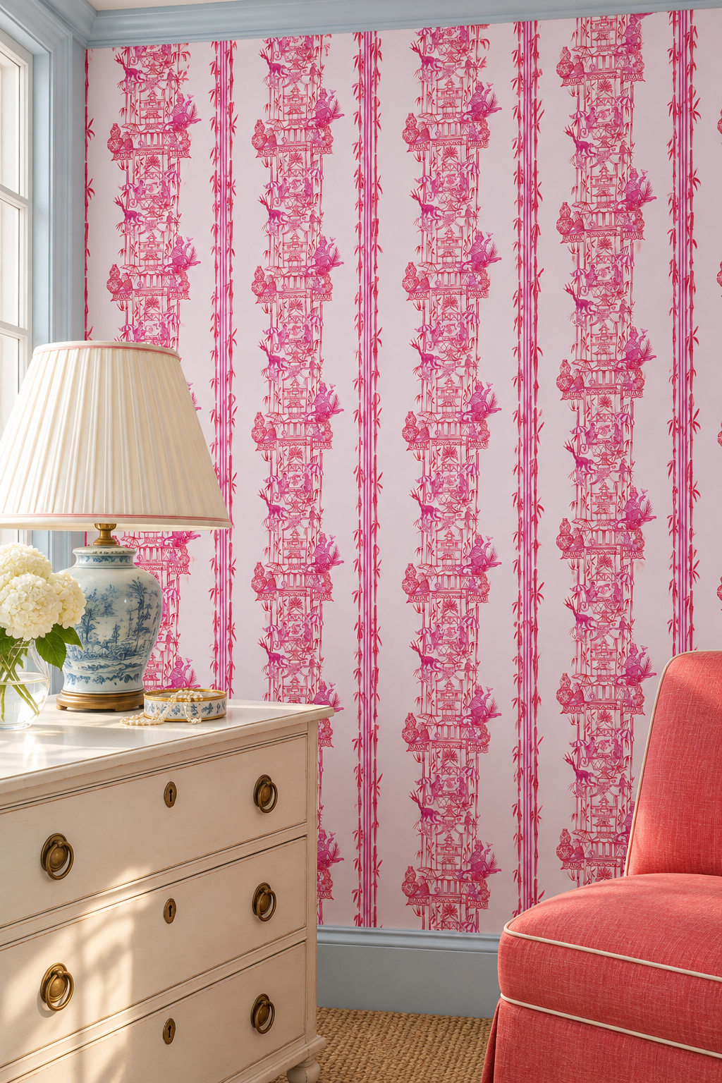 Pink and white toile wallpaper with vertical columns of ornate classical figures and motifs, shown in a styled room setting with a cream dresser, blue-and-white lamp, and coral chair. Hand-painted chinoiserie toile wallpaper on natural grasscloth featuring monkeys, pagodas, bamboo stripes, and whimsical party scenes in multiple colorways.