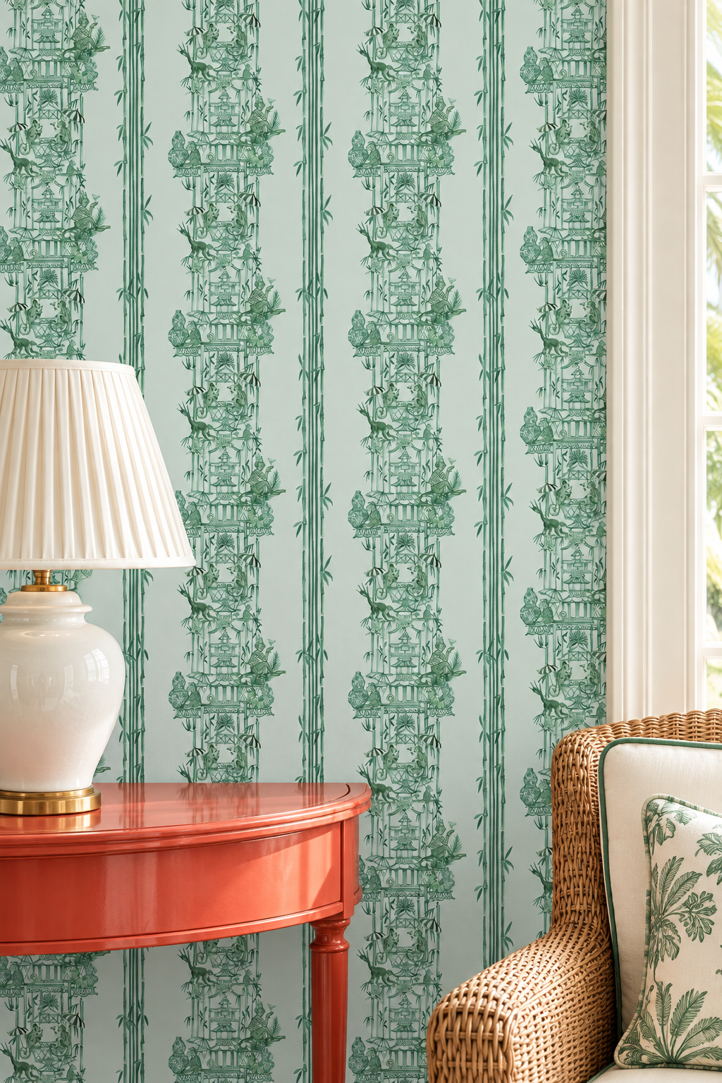 Green toile patterned wallpaper shown in a styled room setting with a coral side table, white pleated lamp, and a wicker armchair with a matching green patterned pillow.