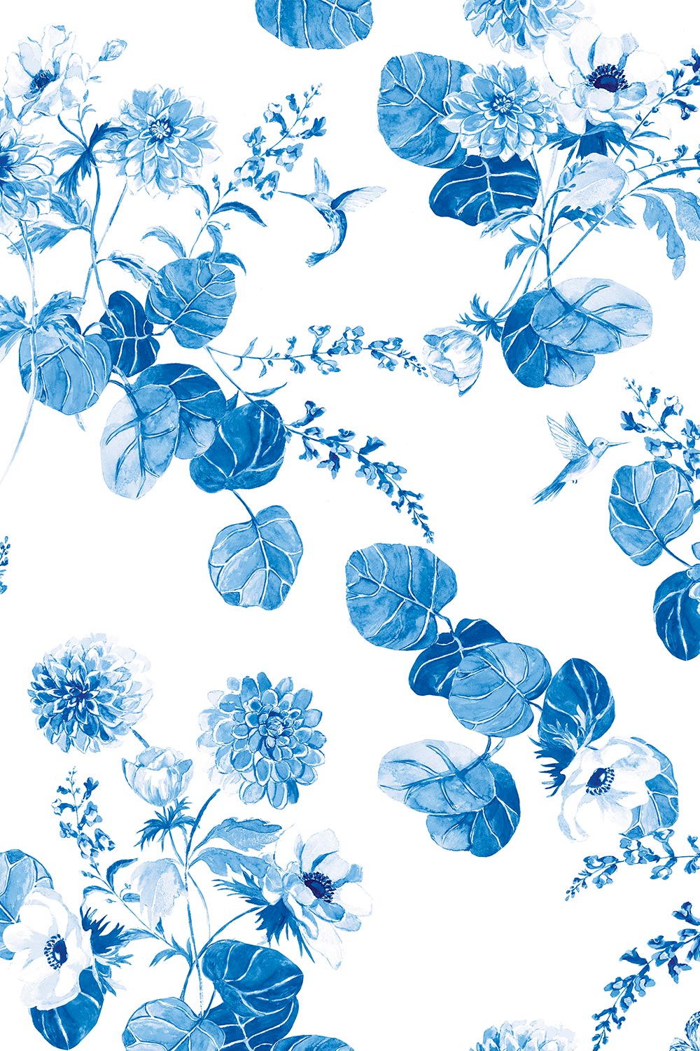 chirp society french blue garden wallpaper, hummingbird wallpaper, floral wallpaper, botanical wallpaper, watercolor wallpaper, summer wallpaper, garden wall covering, nature wallpaper, vibrant floral wallpaper, dahlia and snapdragon wallpaper, grasscloth, eco-friendly wall-covering