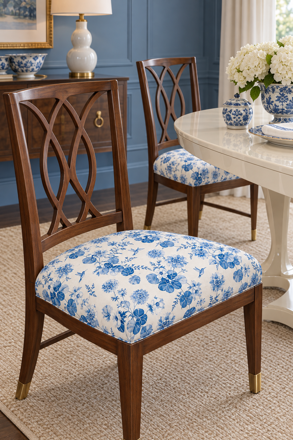 Botanical floral upholstery fabric with hand-painted dahlias, snapdragons, and hummingbirds in a vibrant, garden-inspired layout featured as the chair cushions in this chinoiserie inspired formal dining room.