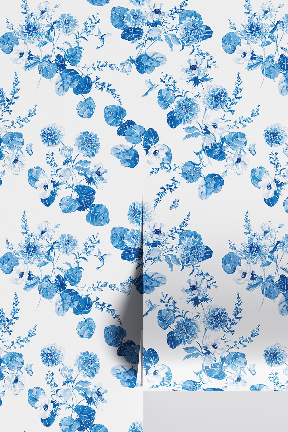 Chirp Society Garden wallpaper with hand-painted dahlias, scabiosa, snapdragons, and hummingbirds in a vibrant watercolor botanical design in french blue and white chinoiserie inspired  spaces