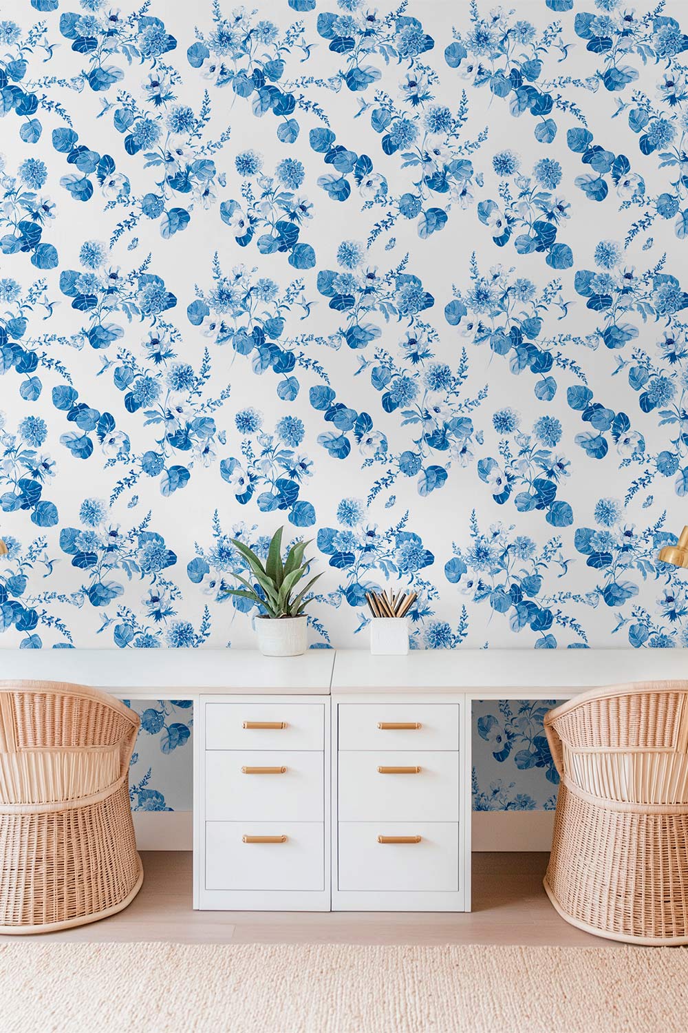 Chirp Society Garden wallpaper with hand-painted dahlias, scabiosa, snapdragons, and hummingbirds in a vibrant watercolor botanical design in french blue and white chinoiserie inspired  colors, perfect for feminine luxury home offices