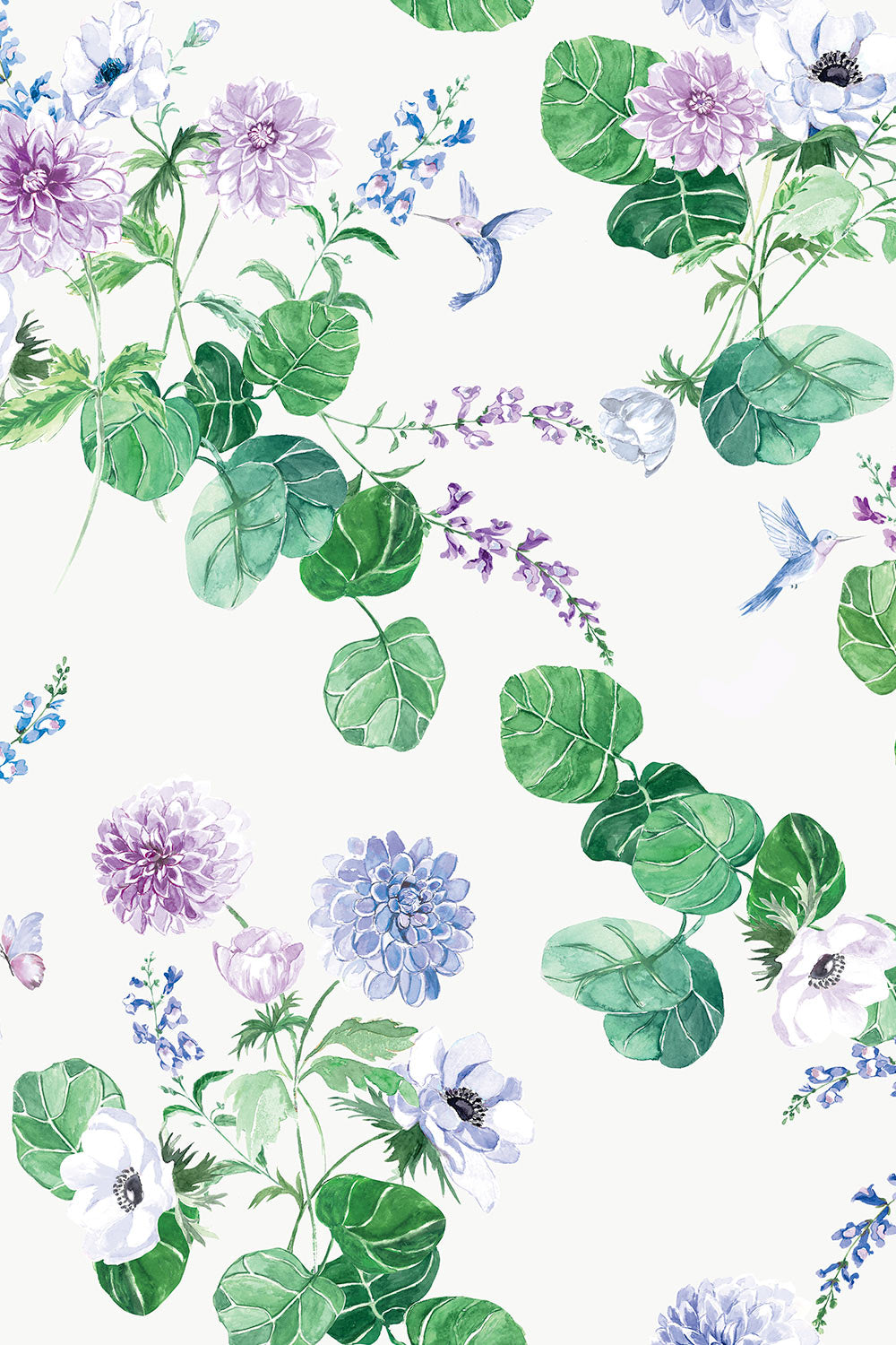 chirp society purple garden wallpaper, hummingbird wallpaper, floral wallpaper, botanical wallpaper, watercolor wallpaper, summer wallpaper, garden wall covering, nature wallpaper, vibrant floral wallpaper, dahlia and snapdragon wallpaper, grasscloth, eco-friendly wall-covering