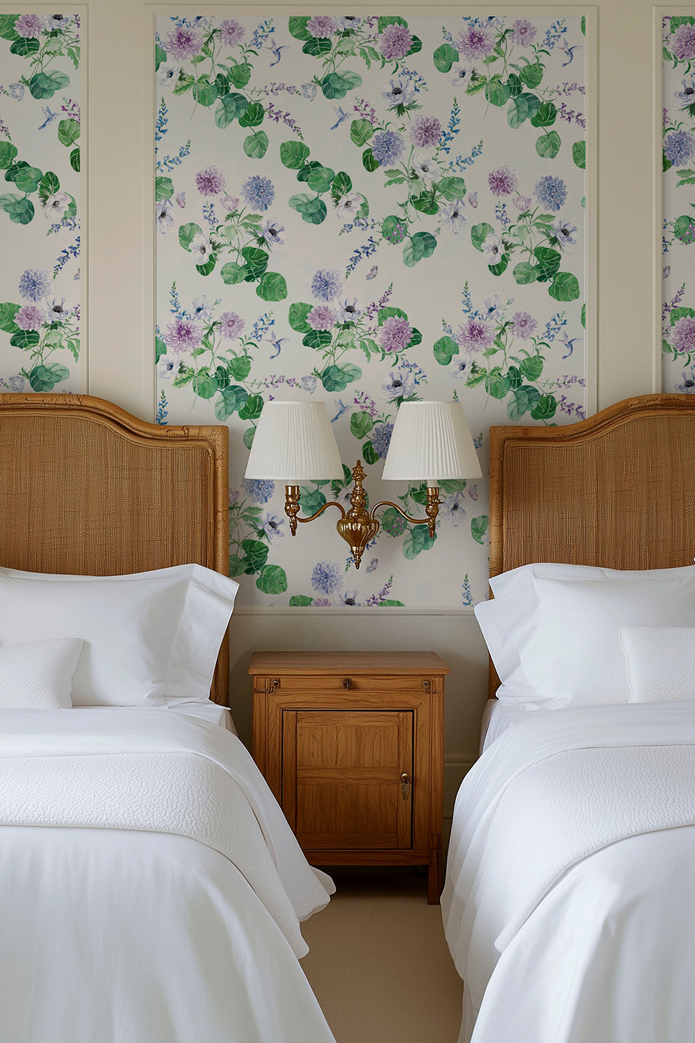 Chirp Society Garden wallpaper with hand-painted dahlias, scabiosa, snapdragons, and hummingbirds in a vibrant watercolor botanical design of lilacs, purples and garden greens perfect for feminine guest bedrooms