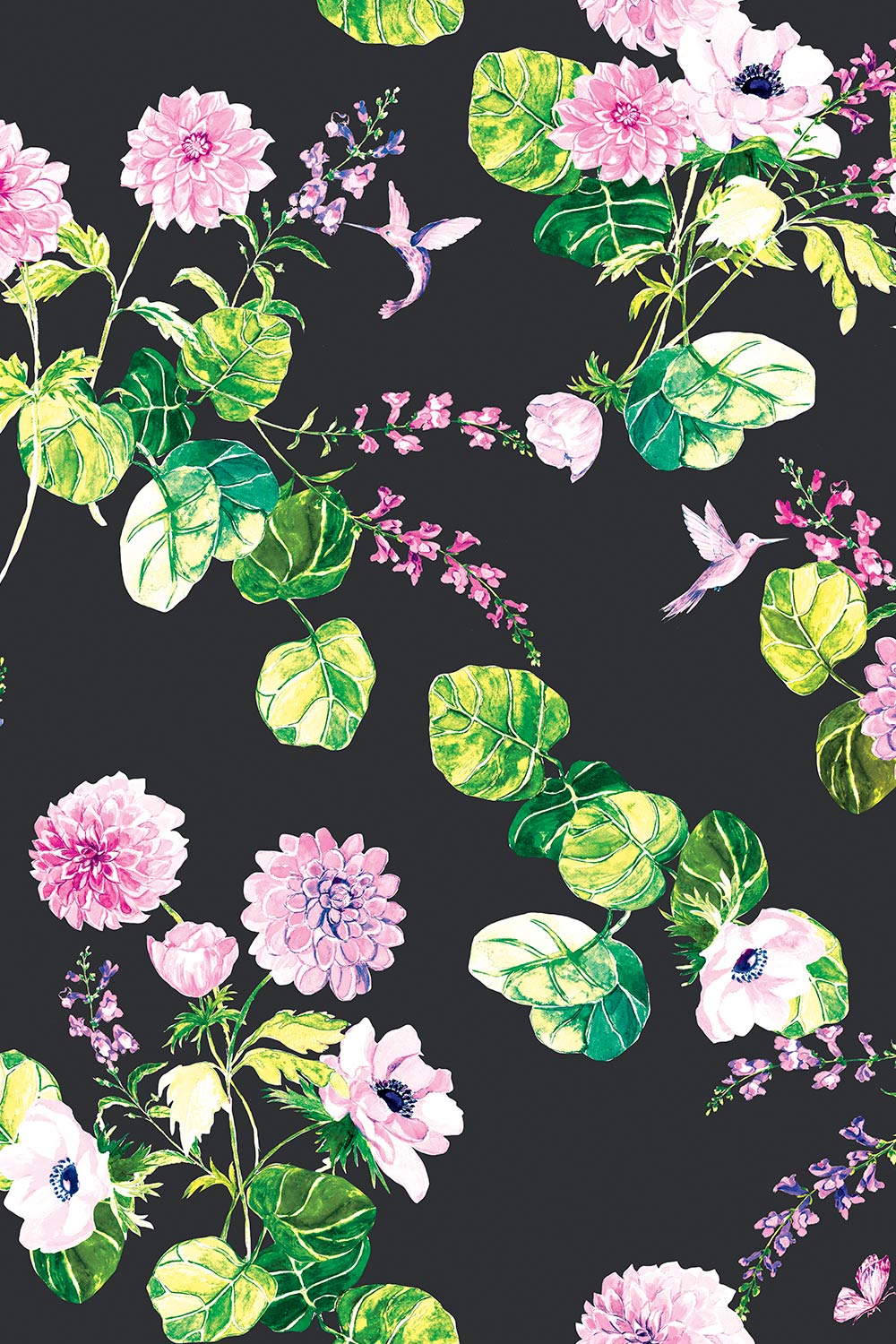 chirp society garden wallpaper, hummingbird wallpaper, floral wallpaper, botanical wallpaper, watercolor wallpaper, summer wallpaper, garden wall covering, nature wallpaper, vibrant floral wallpaper, dahlia and snapdragon wallpaper, eco-friendly grass cloth wall covering, all-natural paperweave wallpaper basketweave wallpaper