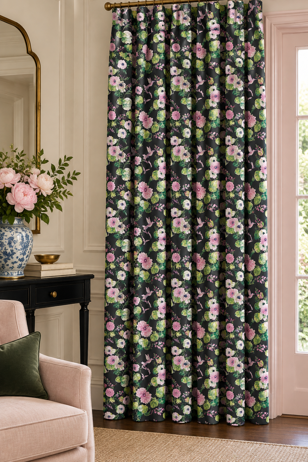 Botanical floral upholstery fabric with hand-painted dahlias, snapdragons, and hummingbirds in a vibrant, garden-inspired layout in a black base with pink and green flowers featured as the custom drapery in this formal living room