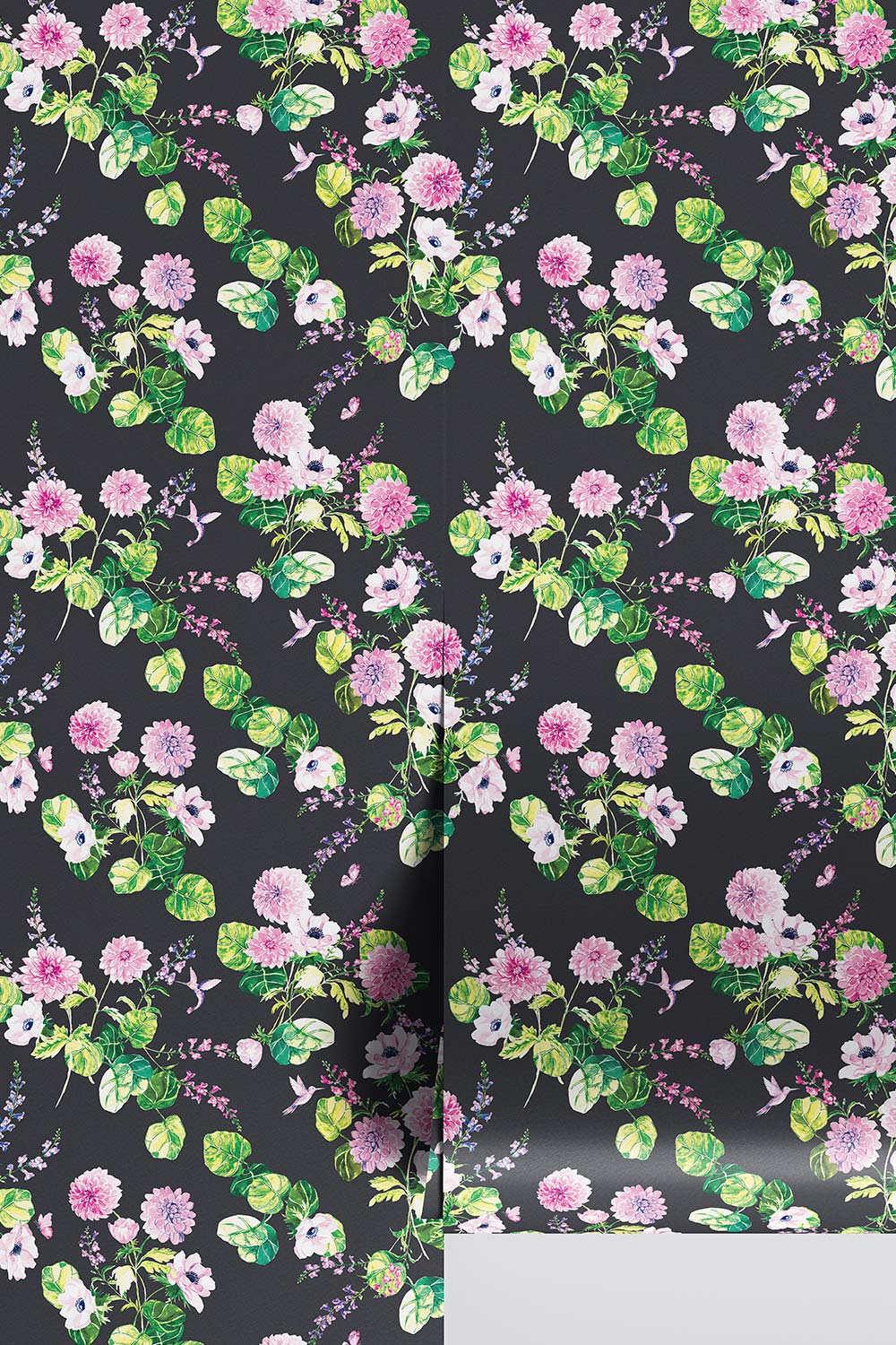 chirp society garden wallpaper, hummingbird wallpaper, floral wallpaper, botanical wallpaper, watercolor wallpaper, summer wallpaper, garden wall covering, nature wallpaper, vibrant floral wallpaper, dahlia and snapdragon wallpaper