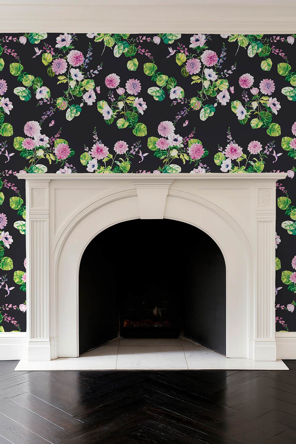 Chirp Society Garden wallpaper with hand-painted dahlias, scabiosa, snapdragons, and hummingbirds in a vibrant watercolor botanical design perfect for luxury living rooms