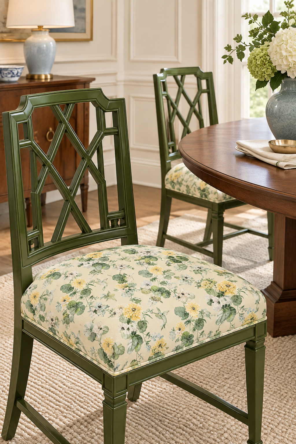 Botanical floral upholstery fabric with hand-painted dahlias, snapdragons, and hummingbirds in a vibrant, garden-inspired layout featured on dining room chairs in this formal dining room.