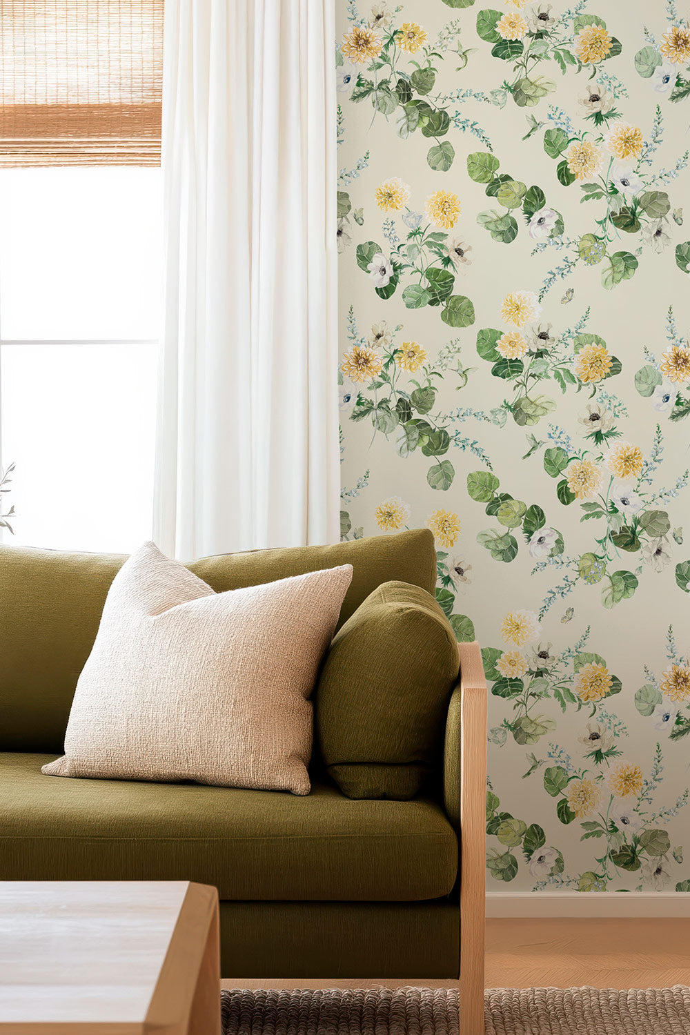 Chirp Society Garden wallpaper with hand-painted dahlias, scabiosa, snapdragons, and hummingbirds in a vibrant watercolor botanical design in secret garden green and cream for traditional luxury living spaces