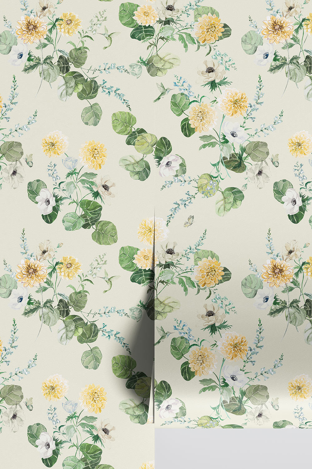 Chirp Society Garden wallpaper with hand-painted dahlias, scabiosa, snapdragons, and hummingbirds in a vibrant watercolor botanical design in secret garden green and cream for traditional feminine spaces