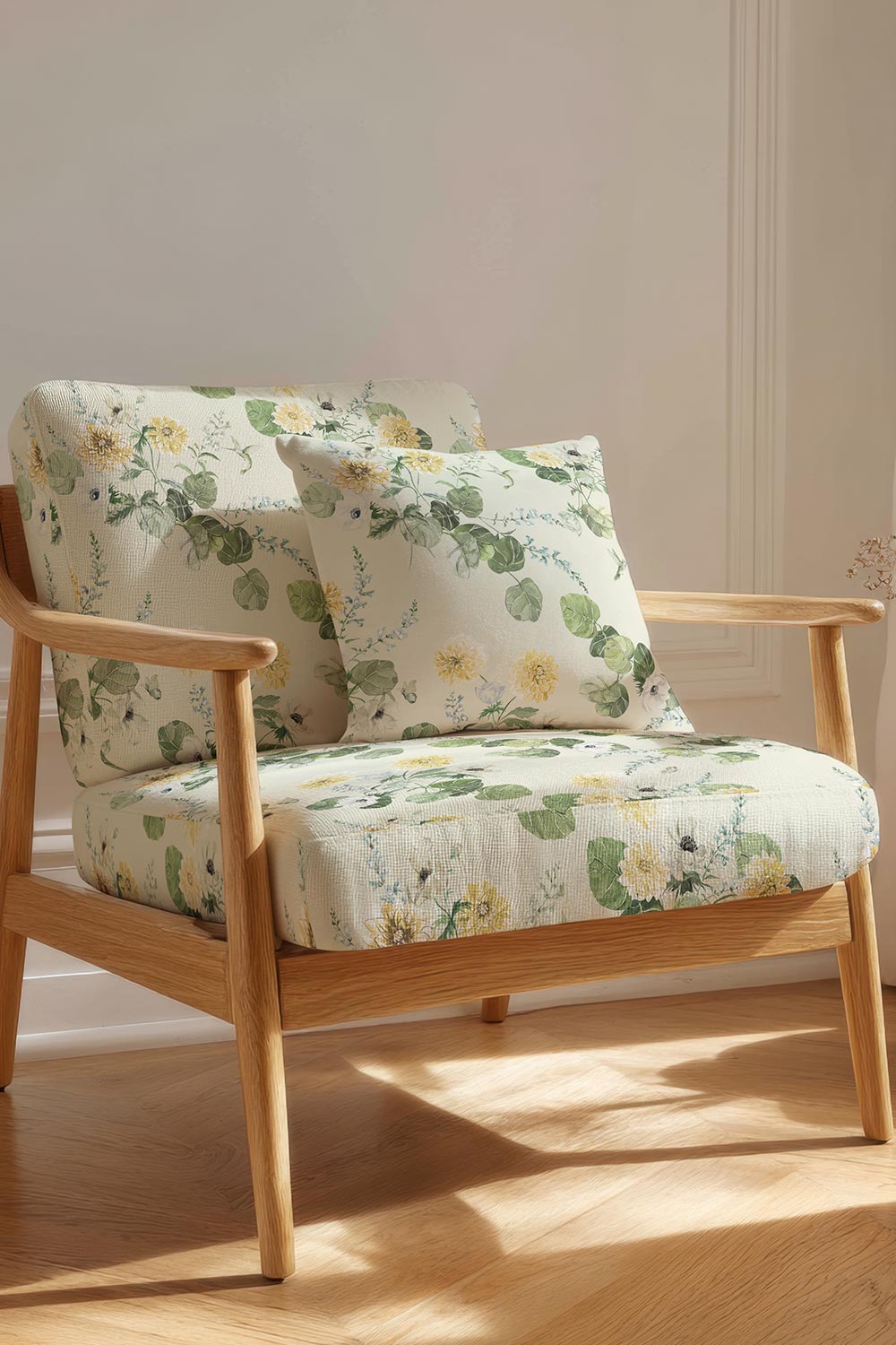 Botanical floral upholstery fabric with hand-painted dahlias, snapdragons, and hummingbirds in a vibrant, garden-inspired layout.