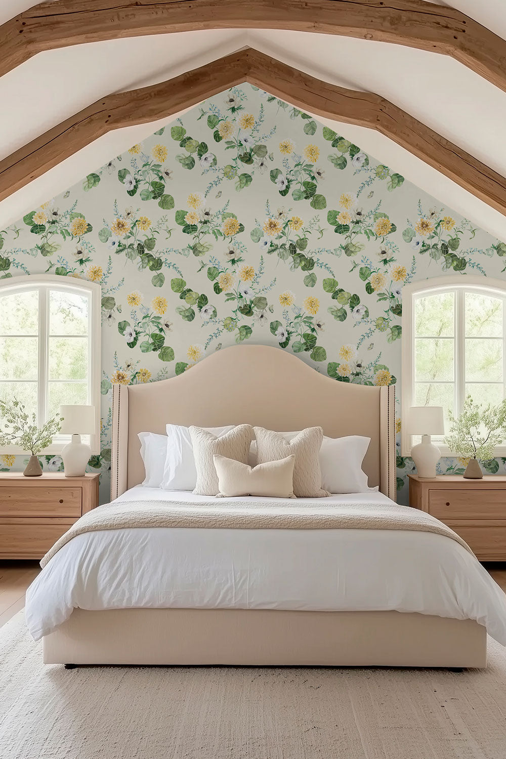 chirp society garden green wallpaper, hummingbird wallpaper, floral wallpaper, botanical wallpaper, watercolor wallpaper, summer wallpaper, garden wall covering, nature wallpaper, vibrant floral wallpaper, dahlia and snapdragon wallpaper, grasscloth, eco-friendly wall-covering perfect for cozy cottage guest bedrooms and master suites